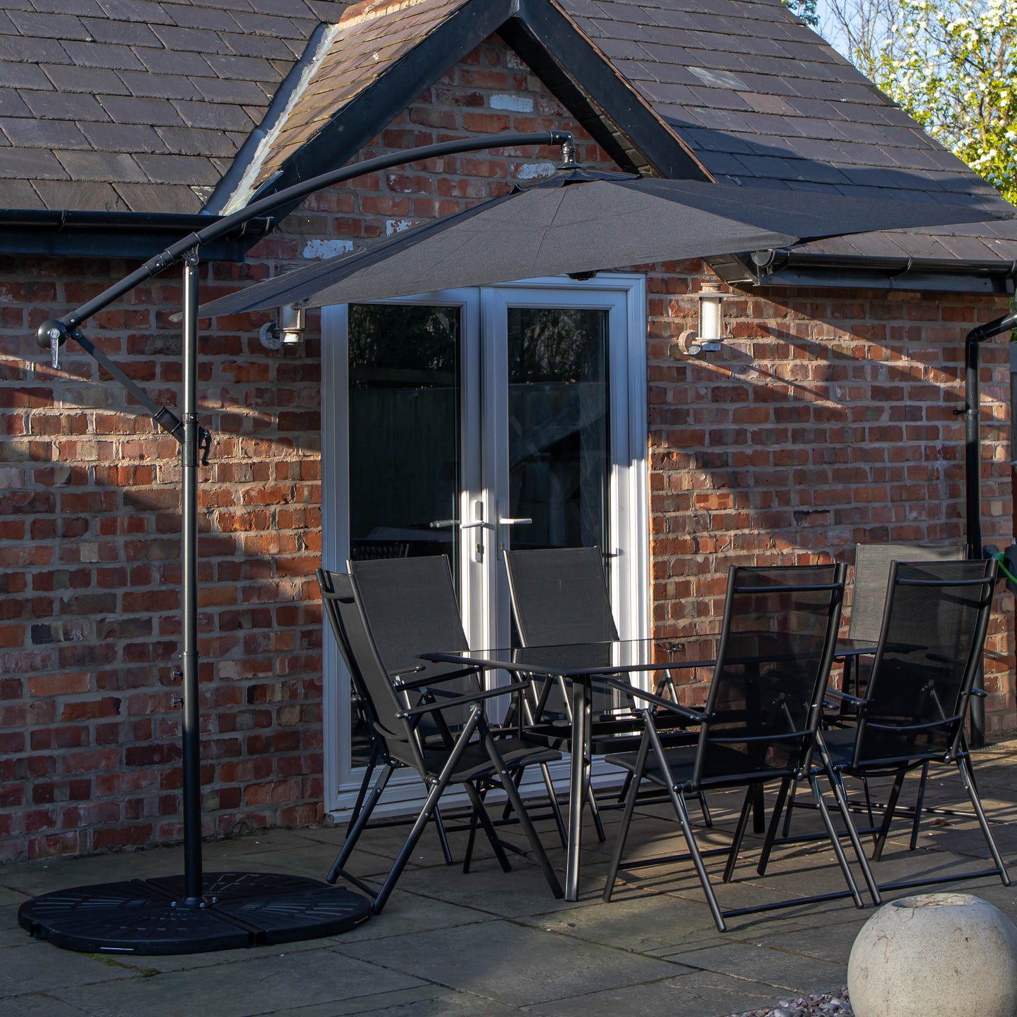 Outdoor 6 Person Rectangular Glass Top Garden Dining Table Chairs With Black Banana Parasol and Base