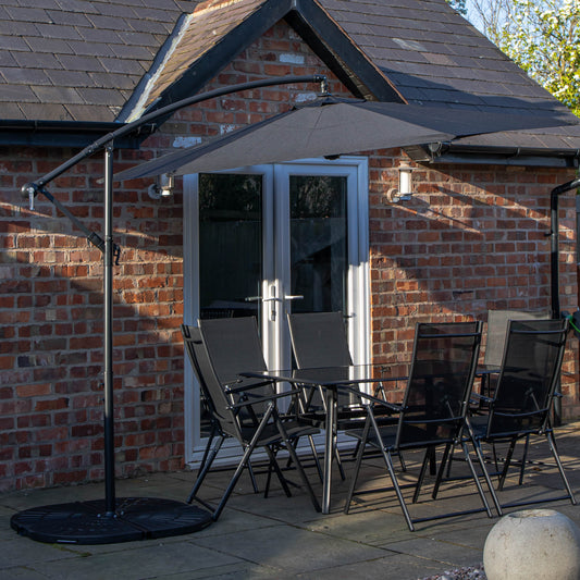 Outdoor 6 Person Rectangular Glass Top Garden Dining Table Chairs With Black Banana Parasol and Base