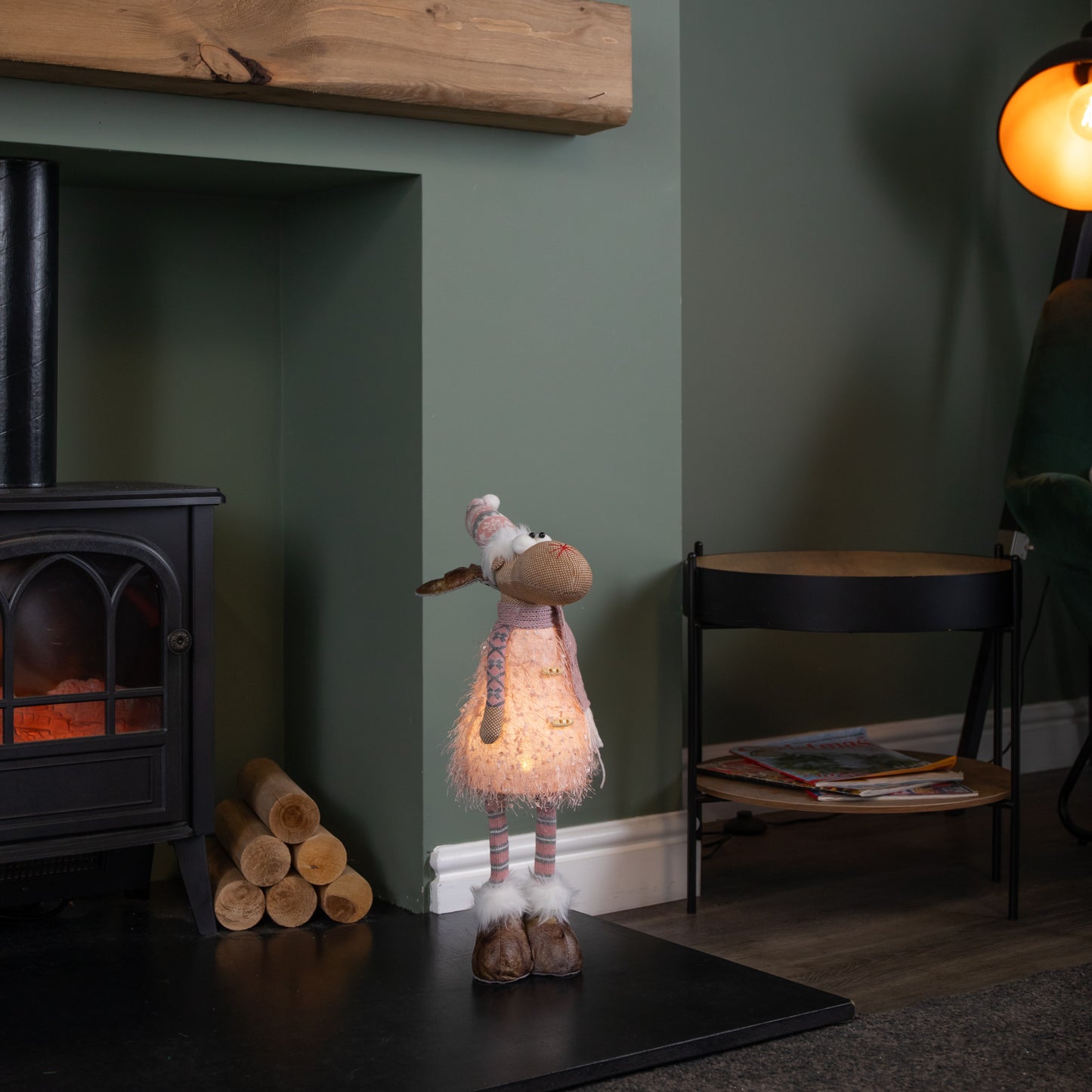 50cm Battery Operated Light up Standing Christmas Reindeer in Pink and Grey Hat with LEDs