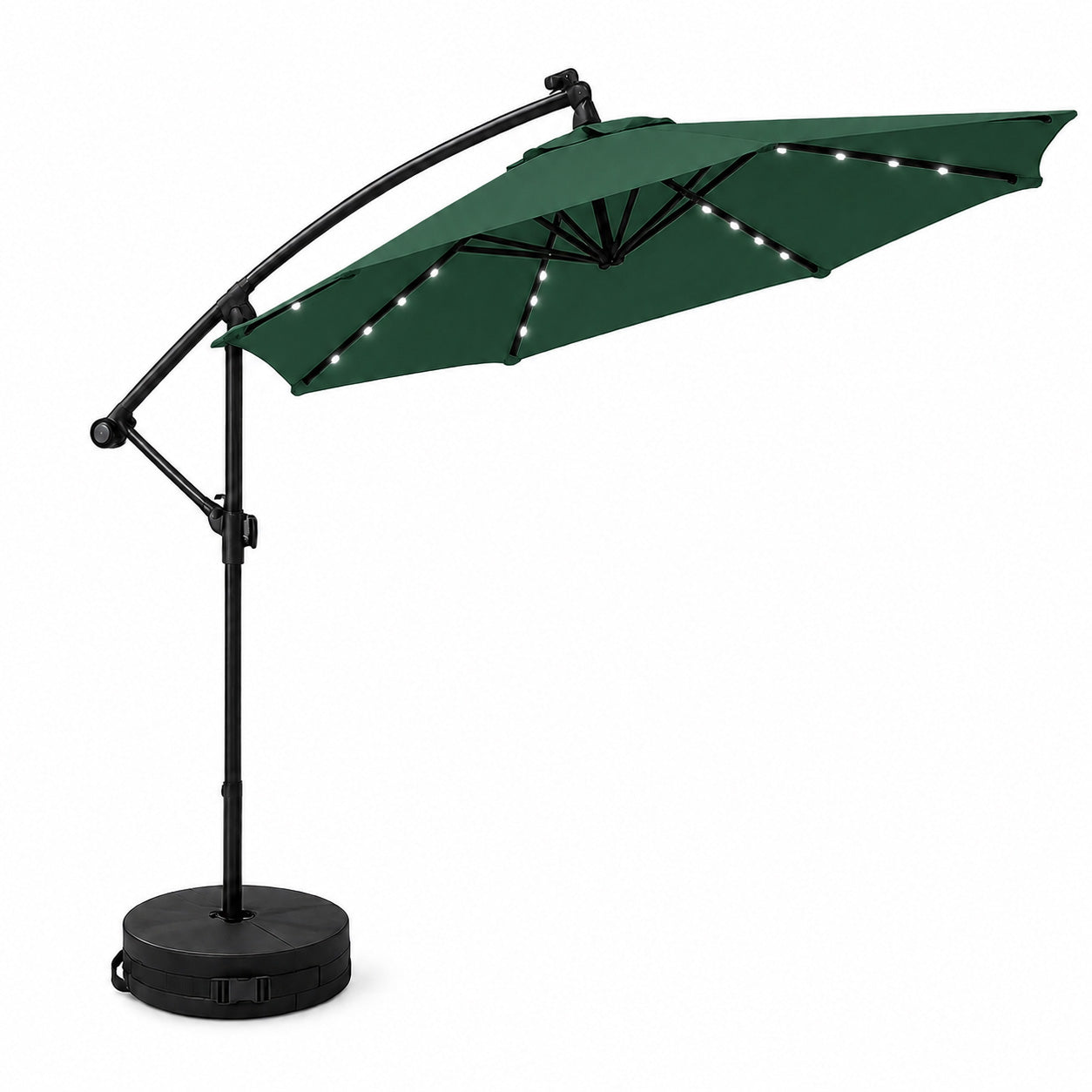 3m Solar Powered Cantilever Lit Banana Garden Parasol with Crank Handle & White LED Lights in Green with Base Bag Included