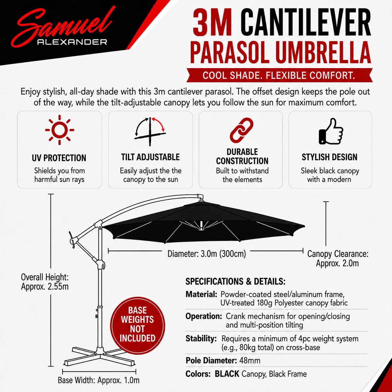 Samuel Alexander 3m Cantilever Parasol in Black with Crank Handle for Patio Garden Banana Parasol with UV Protection Outdoor Umbrella Sun Shades for Garden