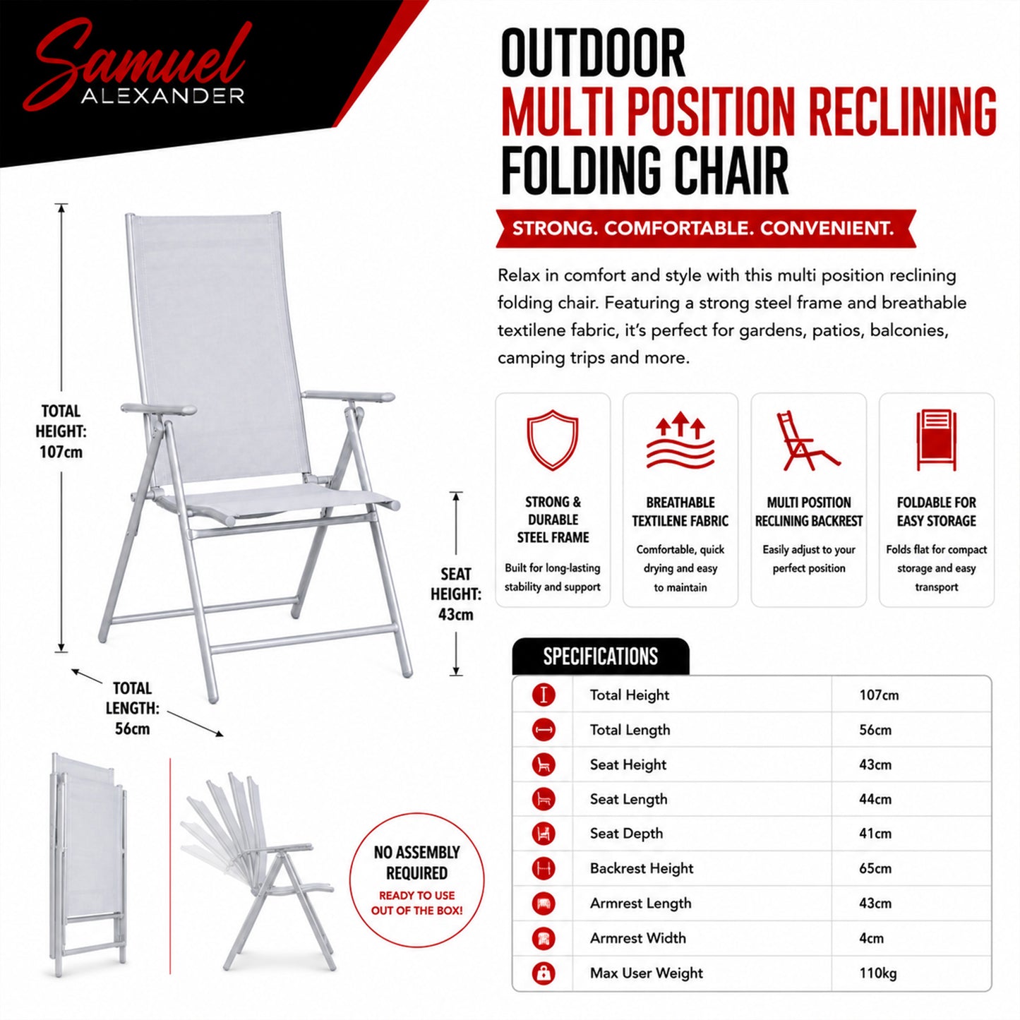 Outdoor Garden Patio Multi Position Reclining Folding Chair in Grey