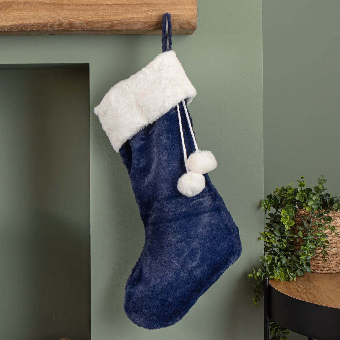 55cm Blue Soft Plush Hanging Christmas Stocking with Faux Fur Trim and Pom Poms