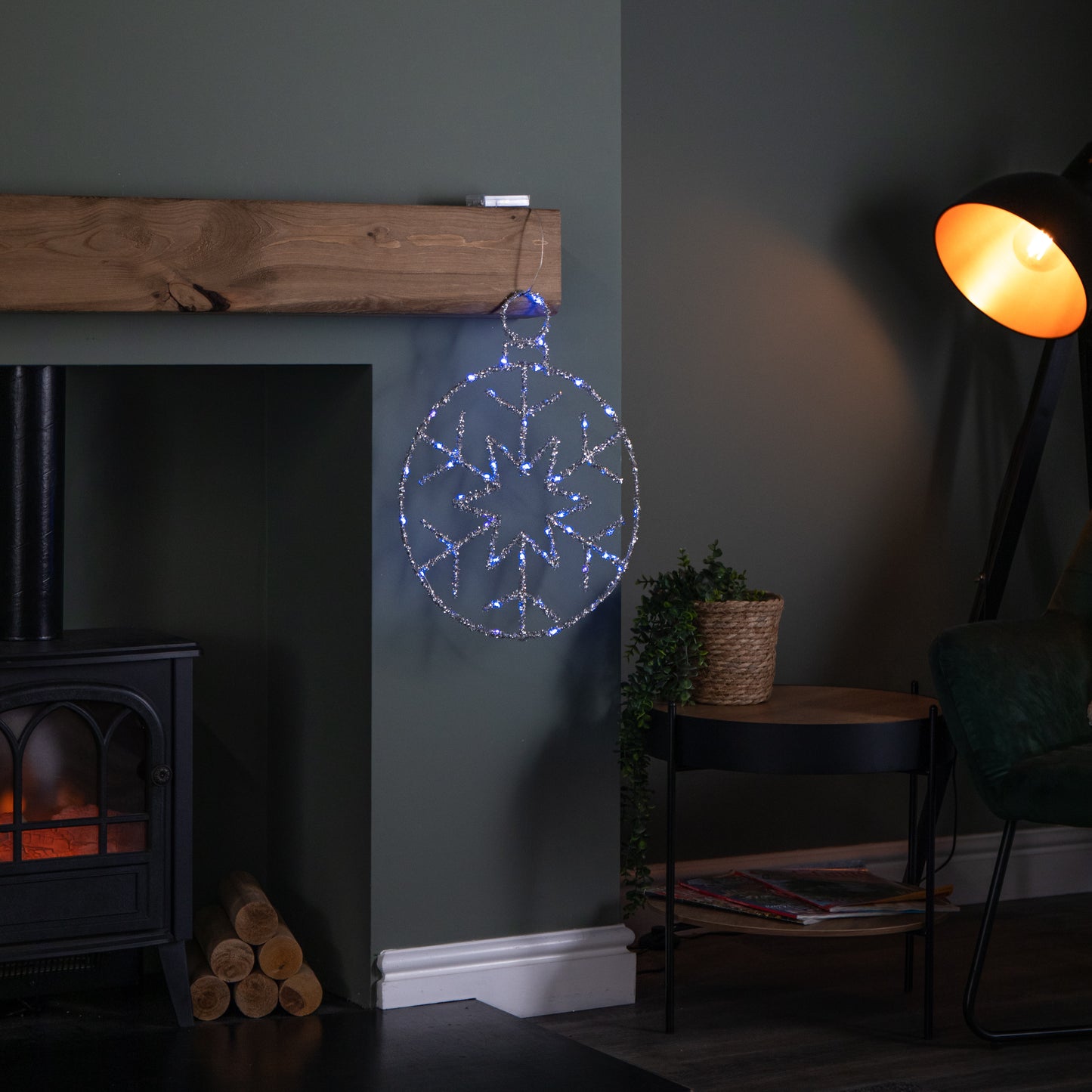 49cm Battery Powered Light up Silver Christmas Snowflake Ball with Blue Twinkling LEDs