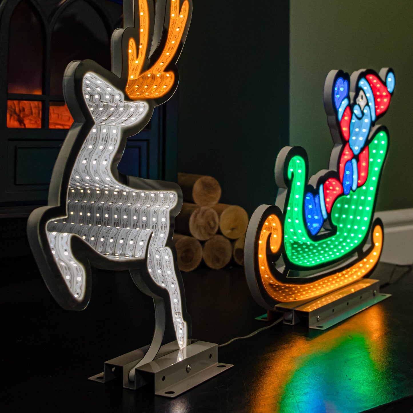 75cm Infinity Santa in Sleigh with Reindeer on Metal Base and Multi-Coloured LEDs