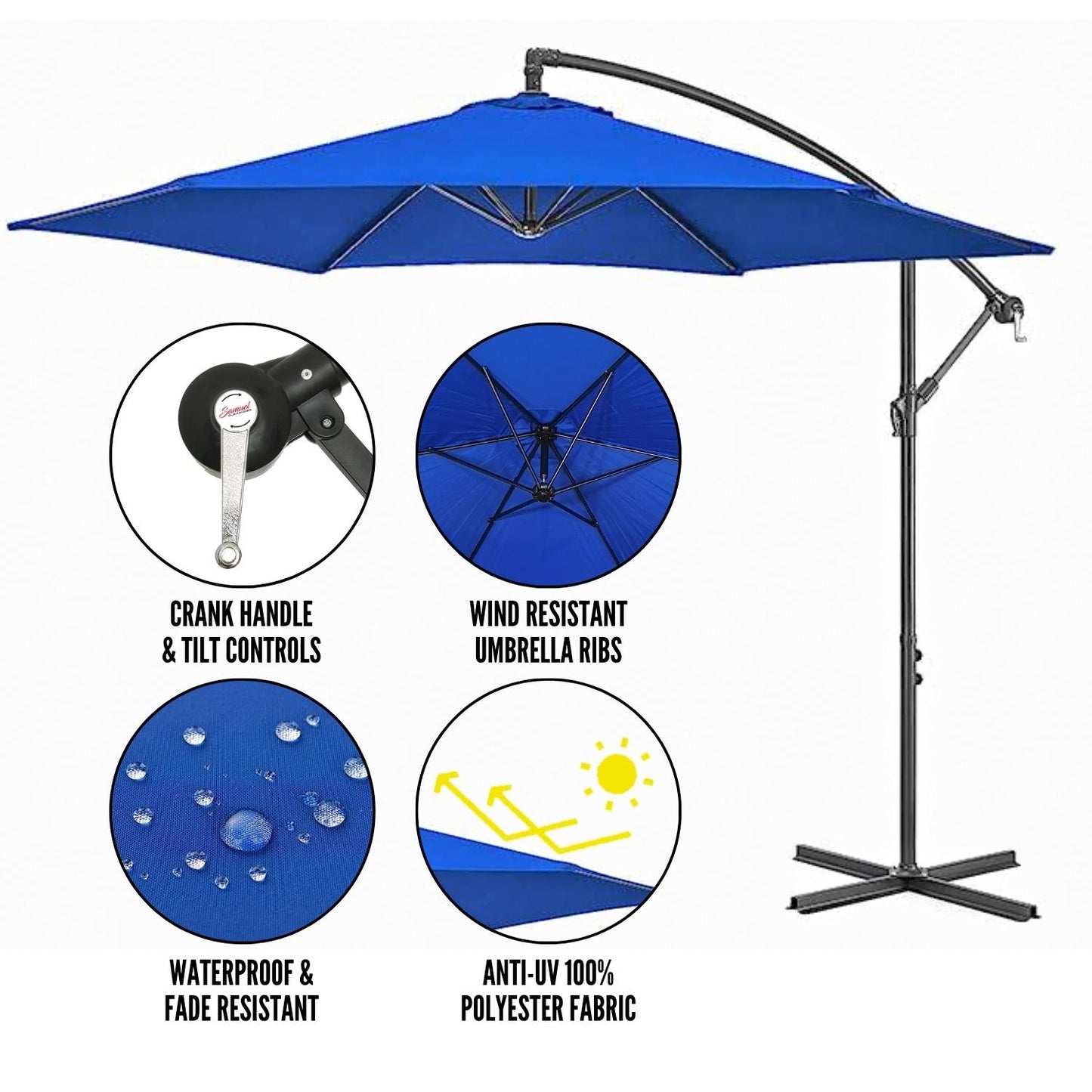 3m Hanging Banana Cantilever Garden Parasol with Cover in Blue