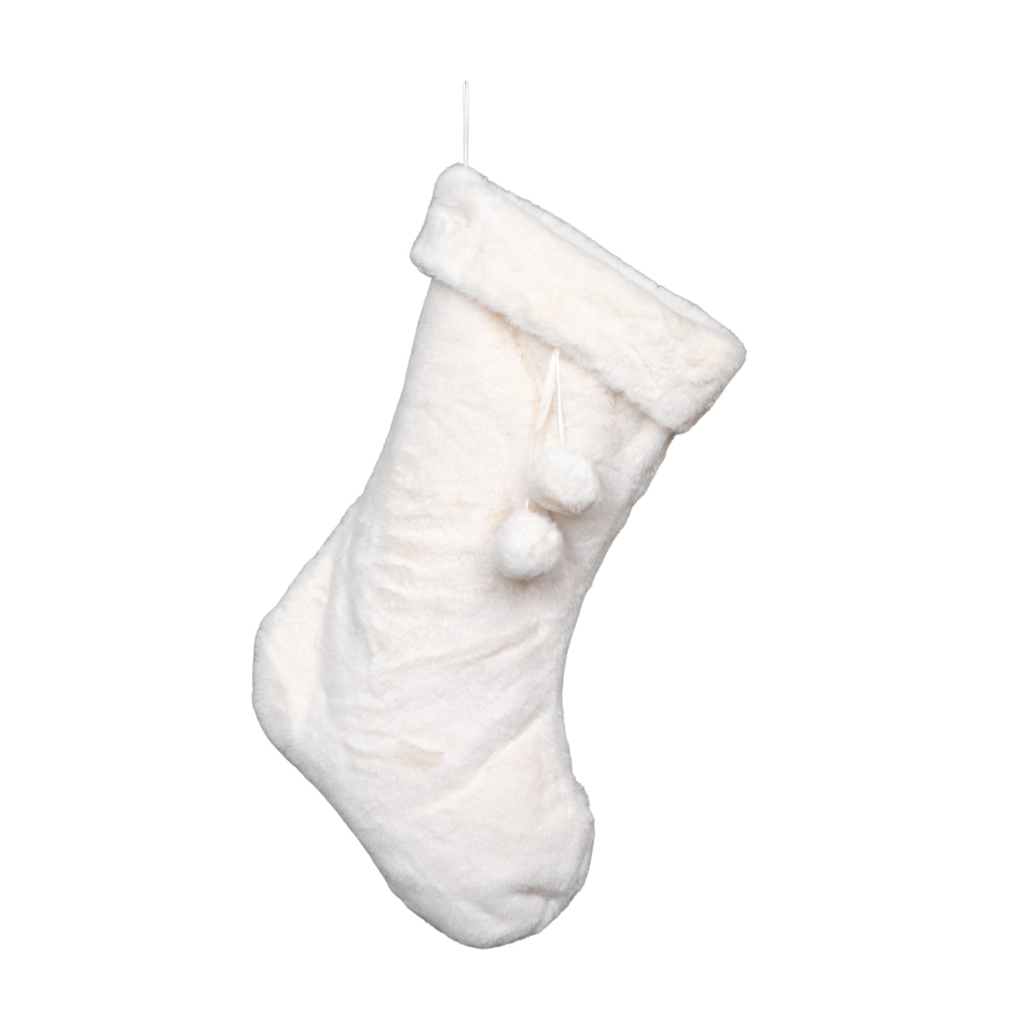 50cm White Winter Faux Fur Hanging Christmas Stocking with Pom Poms