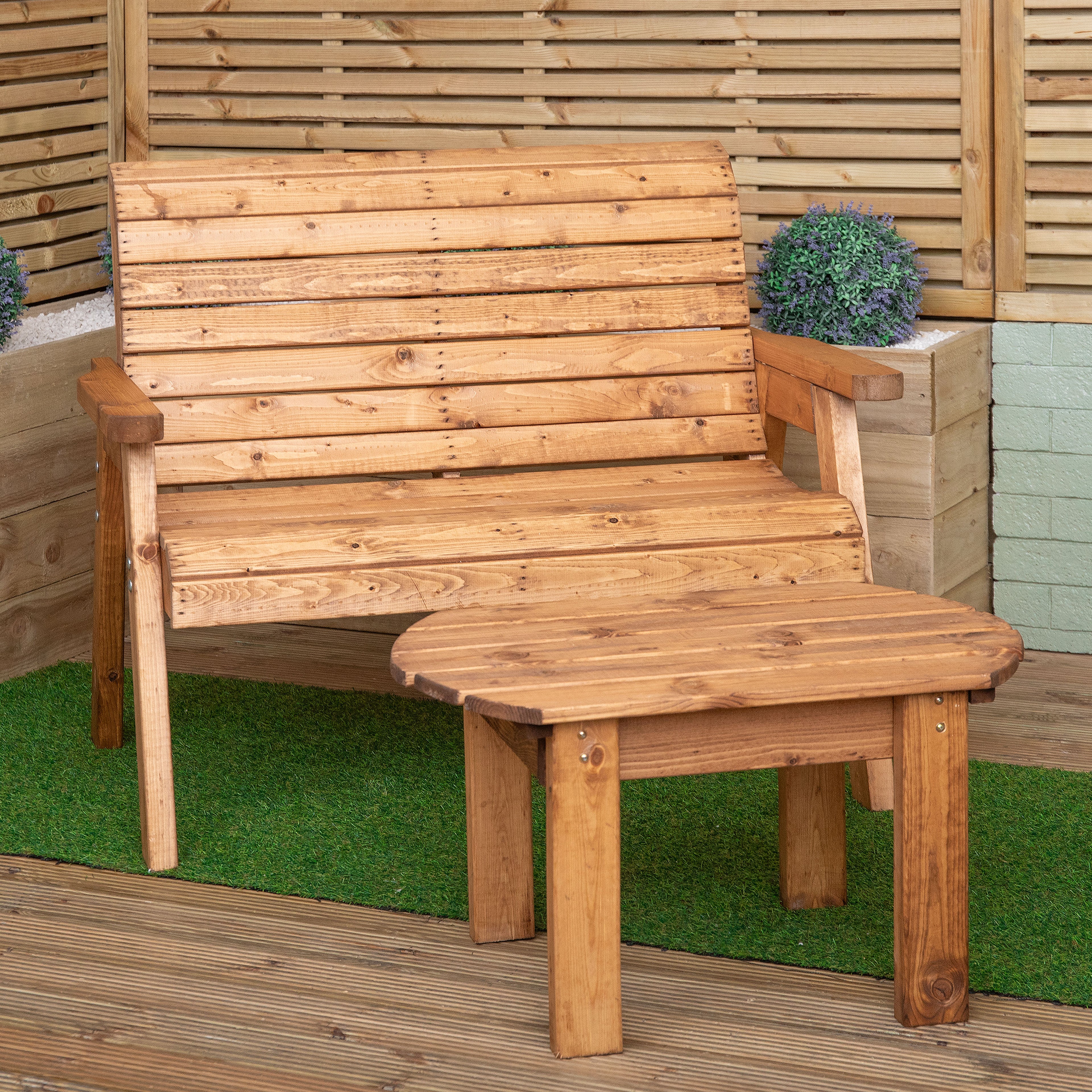 Hand Made 2 Seater Chunky Rustic Wooden Garden Furniture Bench With Coffee Table