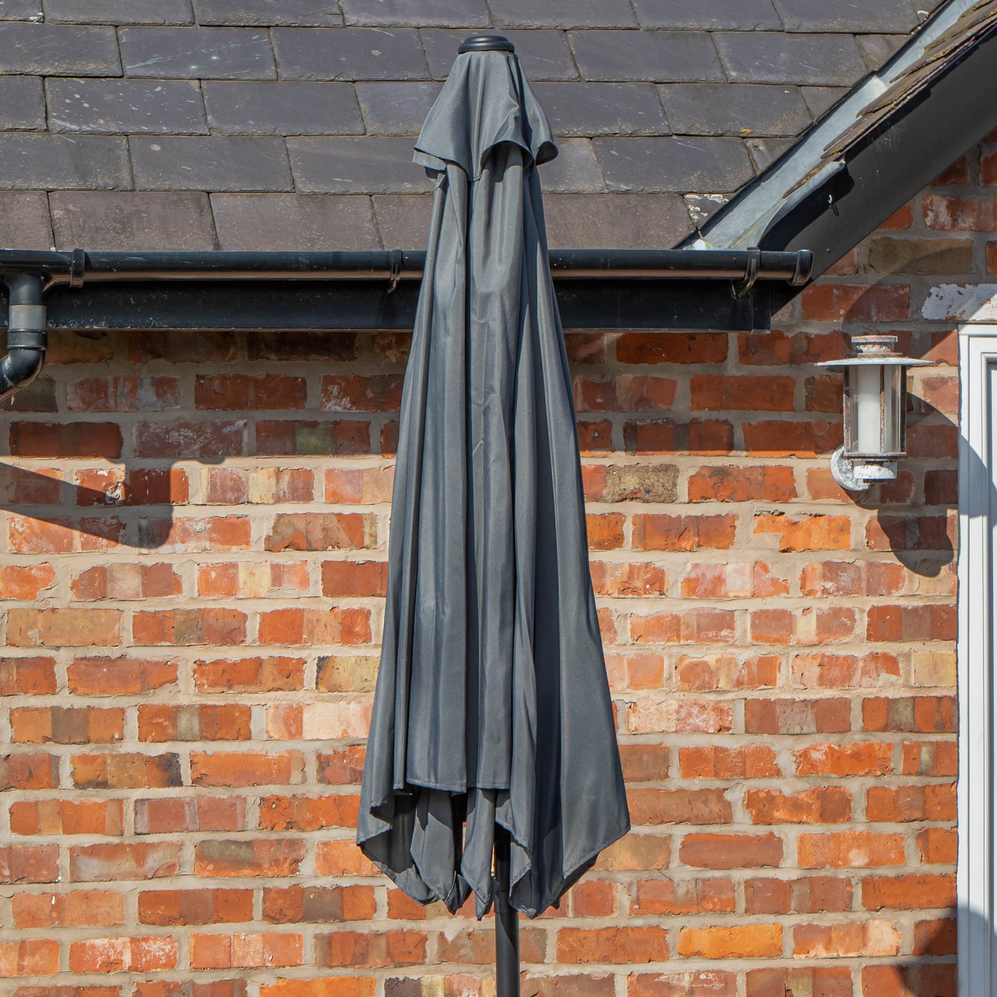 Outdoor 6 Person Rectangular Glass Top Garden Dining Table Benches & Chairs With Grey Havana Parasol and Base Set