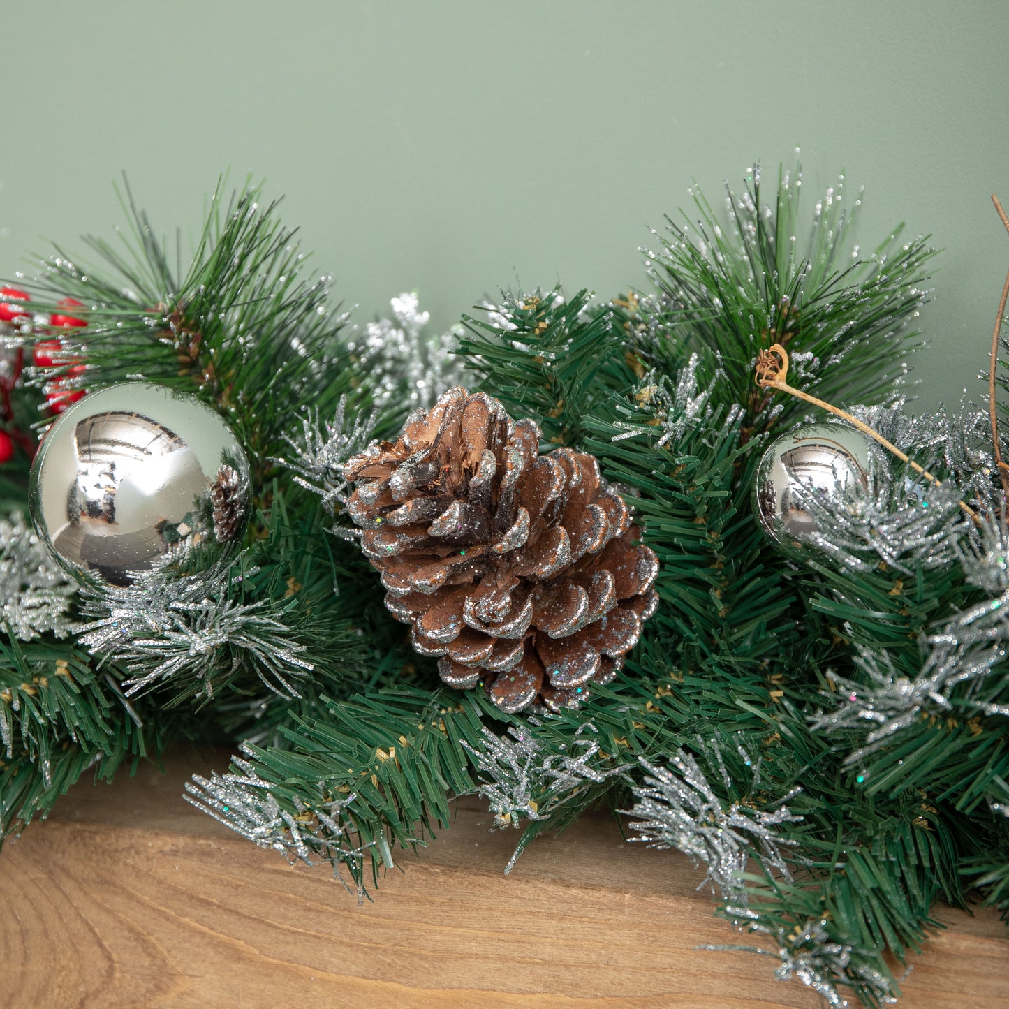 1.8m (6ft) Dressed Christmas Garland with Silver Baubles Pinecones & Berries