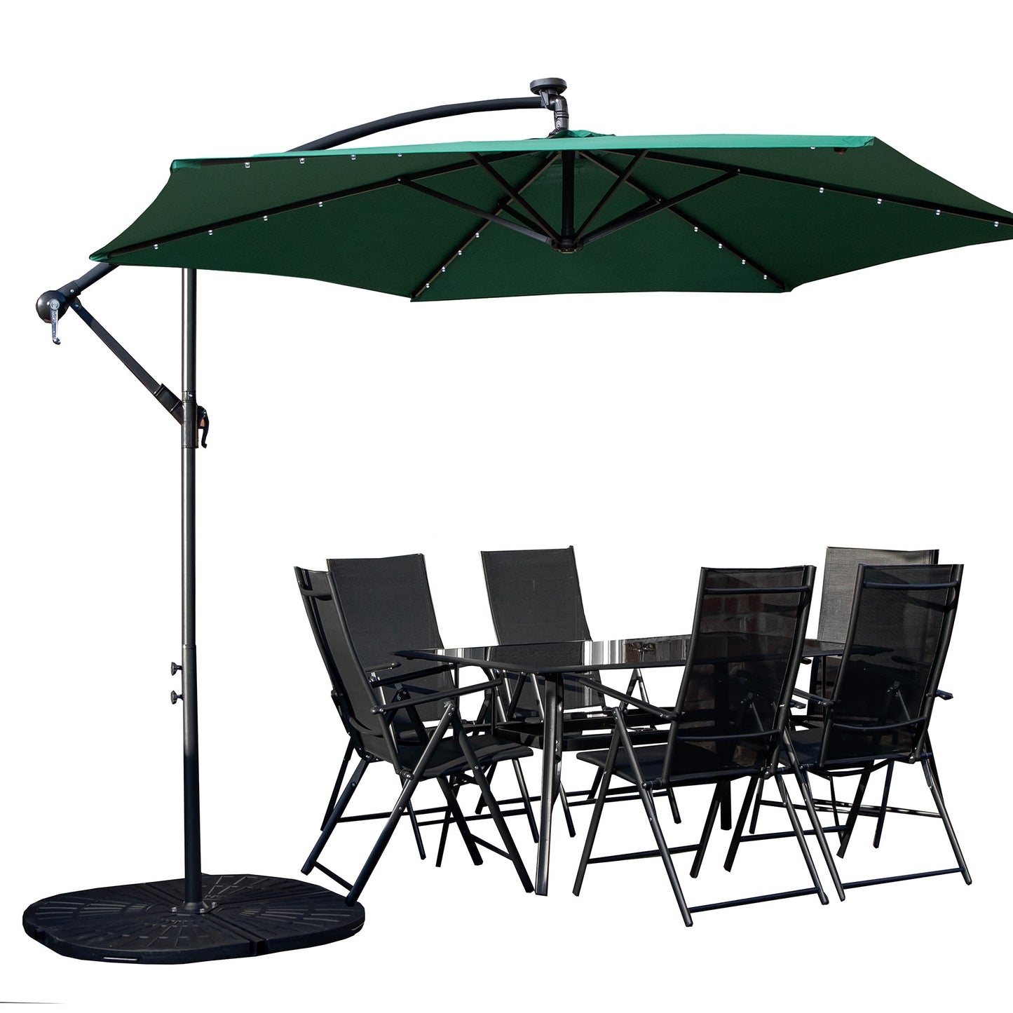 Outdoor 6 Person Rectangular Glass Top Garden Dining Table Chairs With Green Banana Lit Parasol and Base Set
