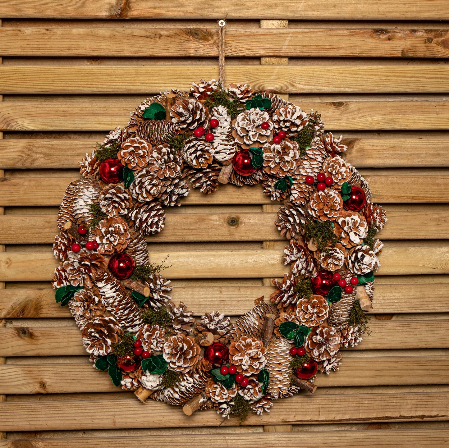50cm Hanging Christmas YuleFest Wreath with Red Baubles & Snow Tipped Pine Cones