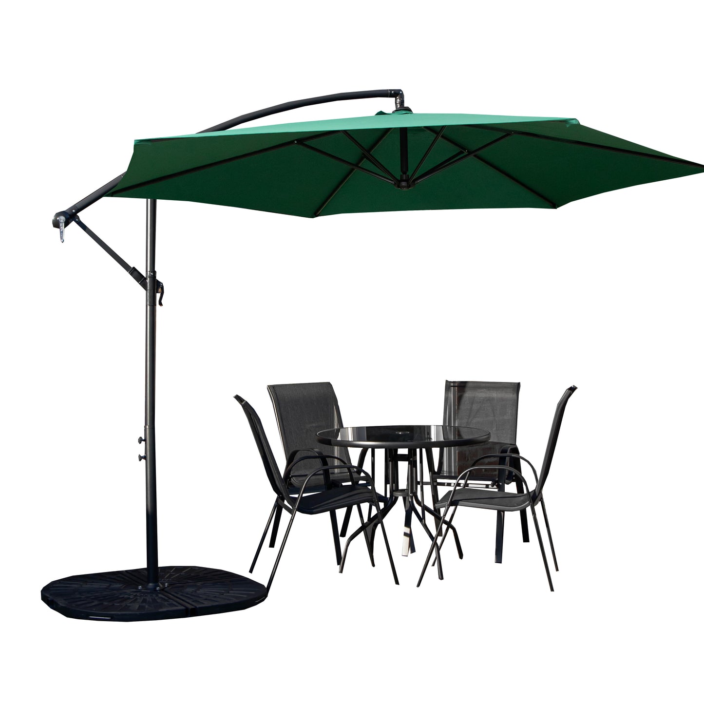 Outdoor 4 Person Round Glass Top Garden Dining Table Chairs With Green Banana Parasol and Base