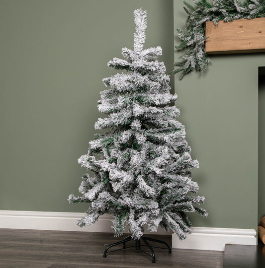 Factory Seconds: 4ft (1.2m) Snow Flocked Artificial Christmas Tree with Green Metal Stand and 177 Tips