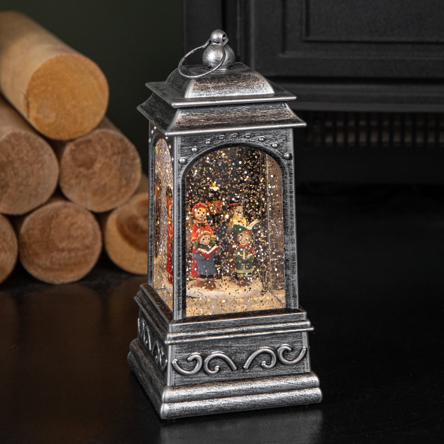 21cm Dual Powered Light up Lantern Christmas Water Spinner with Carol Scene