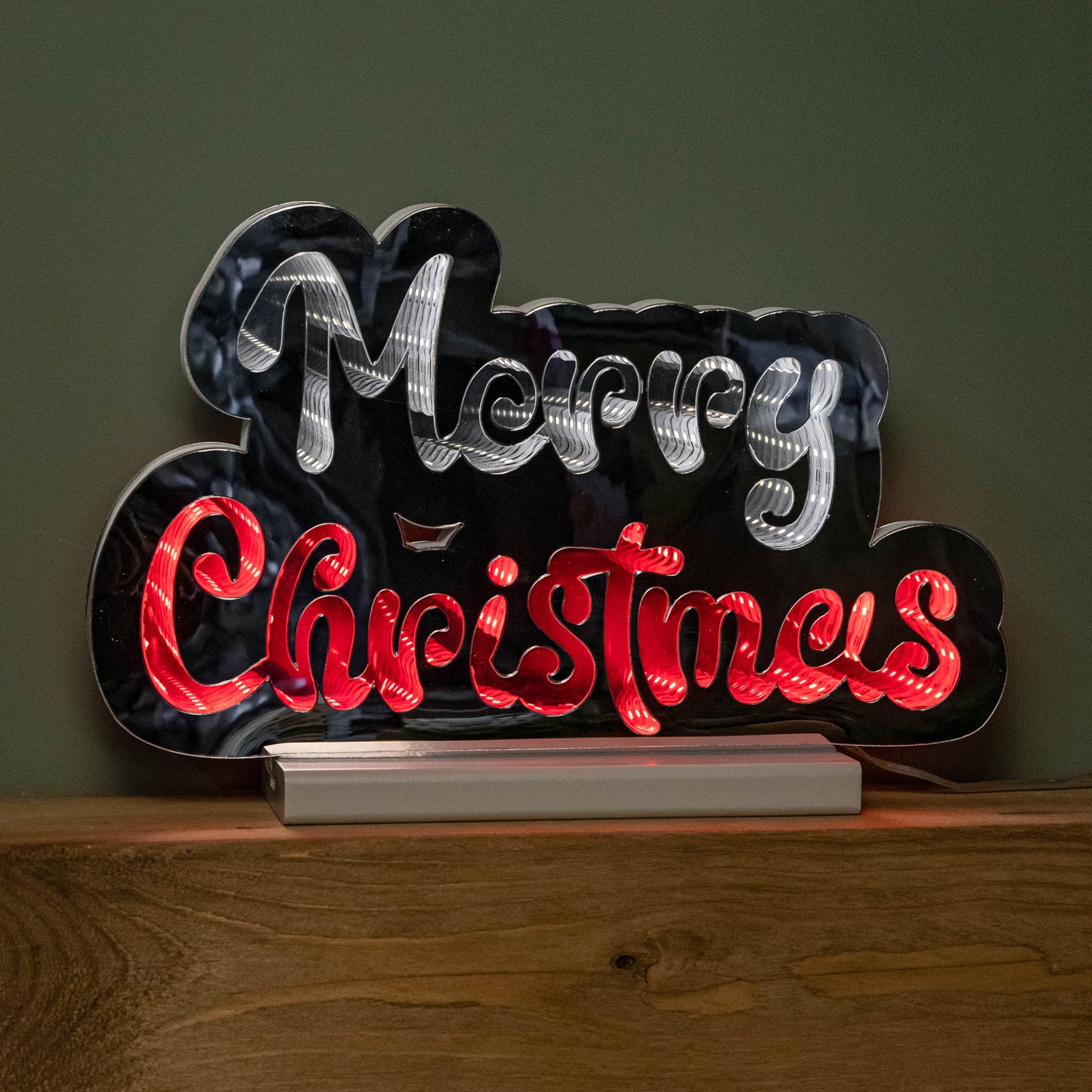 32cm Infinity Merry Christmas on Wooden Base with Red and White LEDs