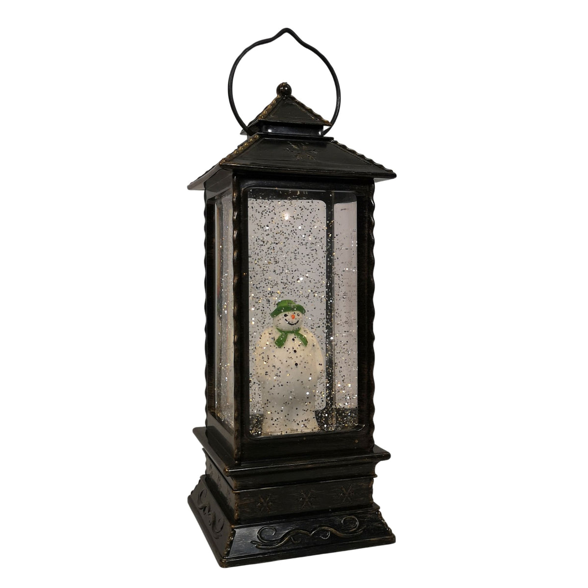 28cm Snowtime Dual Power LED Christmas Glitter Water Spinner Rustic Lantern The Snowman & The Snow dog™ Scene