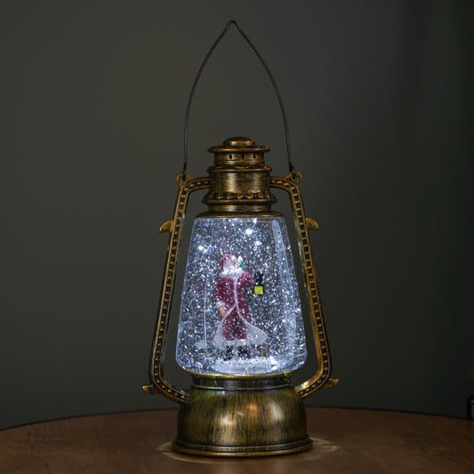 24cm Dual Powered Light up Antique Lantern Christmas Water Spinner with Santa Scene