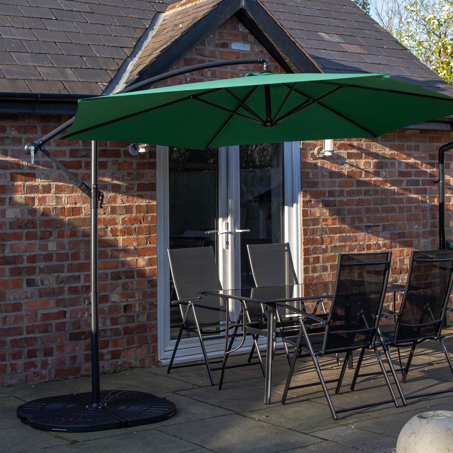 Outdoor 4 Person Rectangular Glass Top Garden Dining Table Chairs With Green Banana Parasol and Base Set