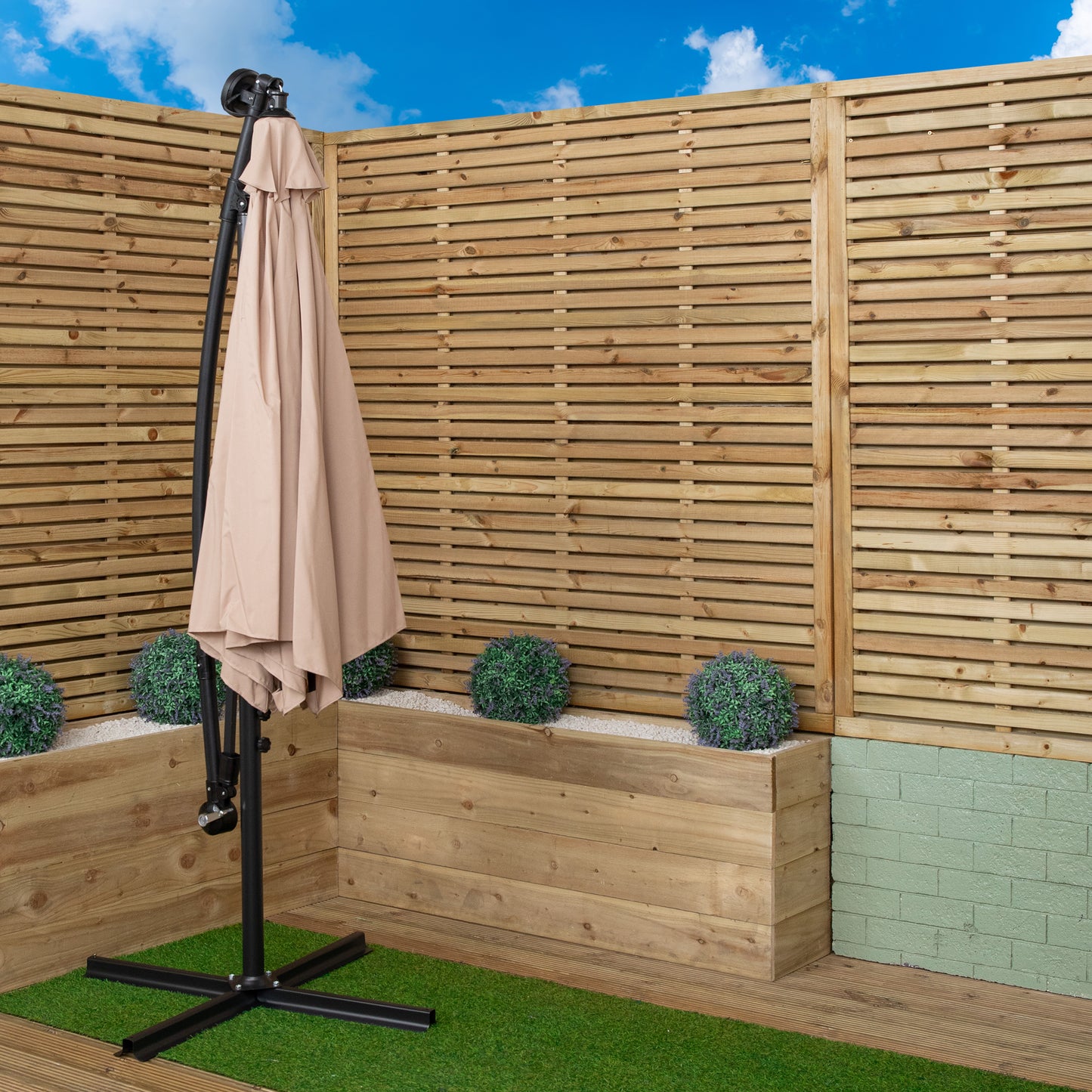 3m Solar Powered Lit Banana Cantilever Garden Parasol with LEDs & Base Weights Included in Beige