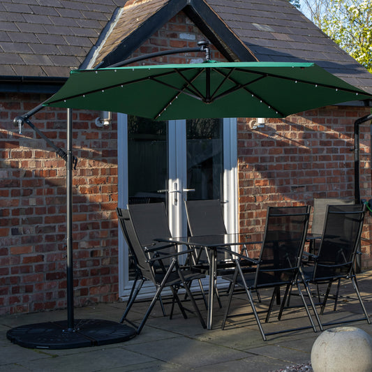 Outdoor 6 Person Rectangular Glass Top Garden Dining Table Chairs With Green Banana Lit Parasol and Base Set
