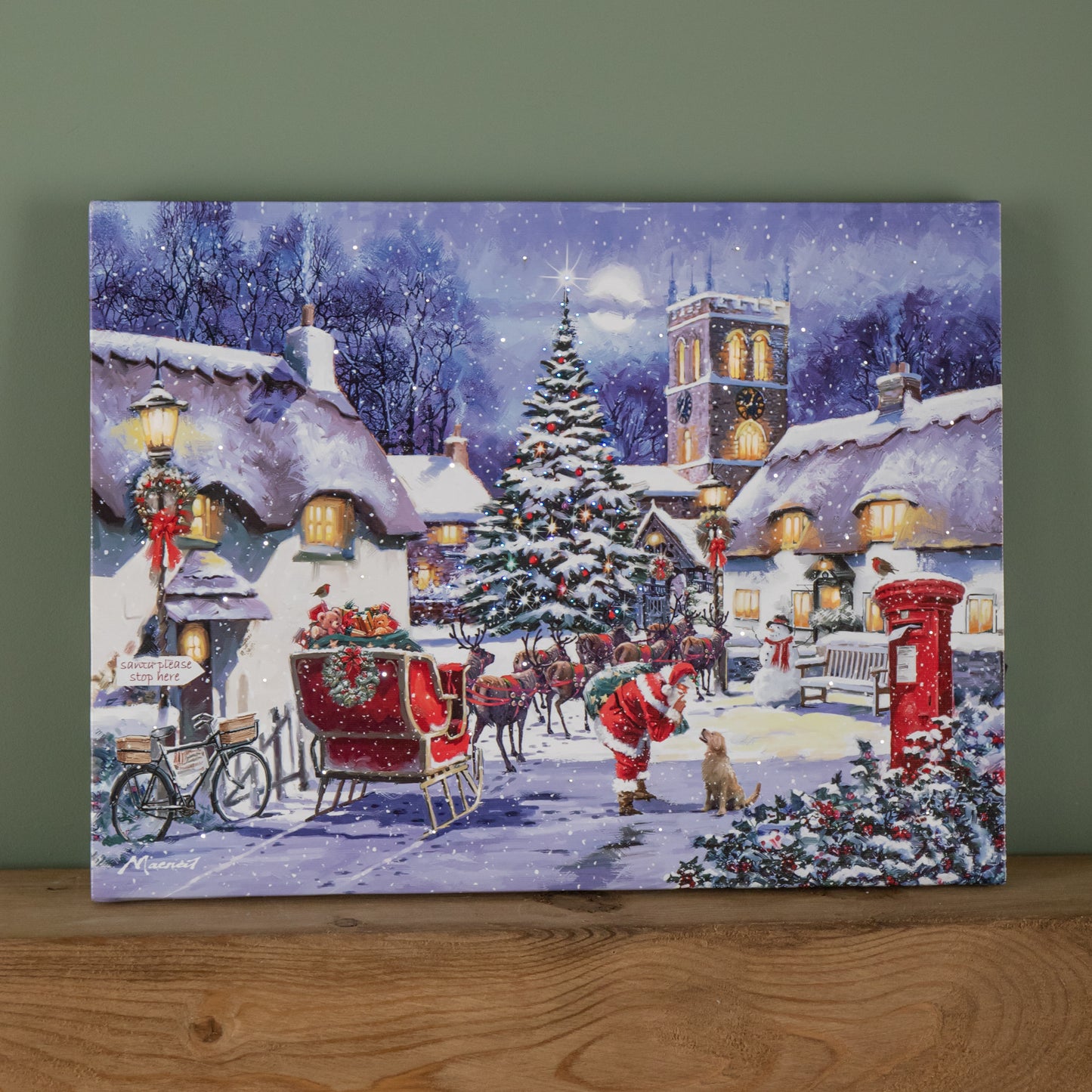 40 x 30cm Battery Operated Light up Fibre Optic Santa and Village Christmas Wall Canvas