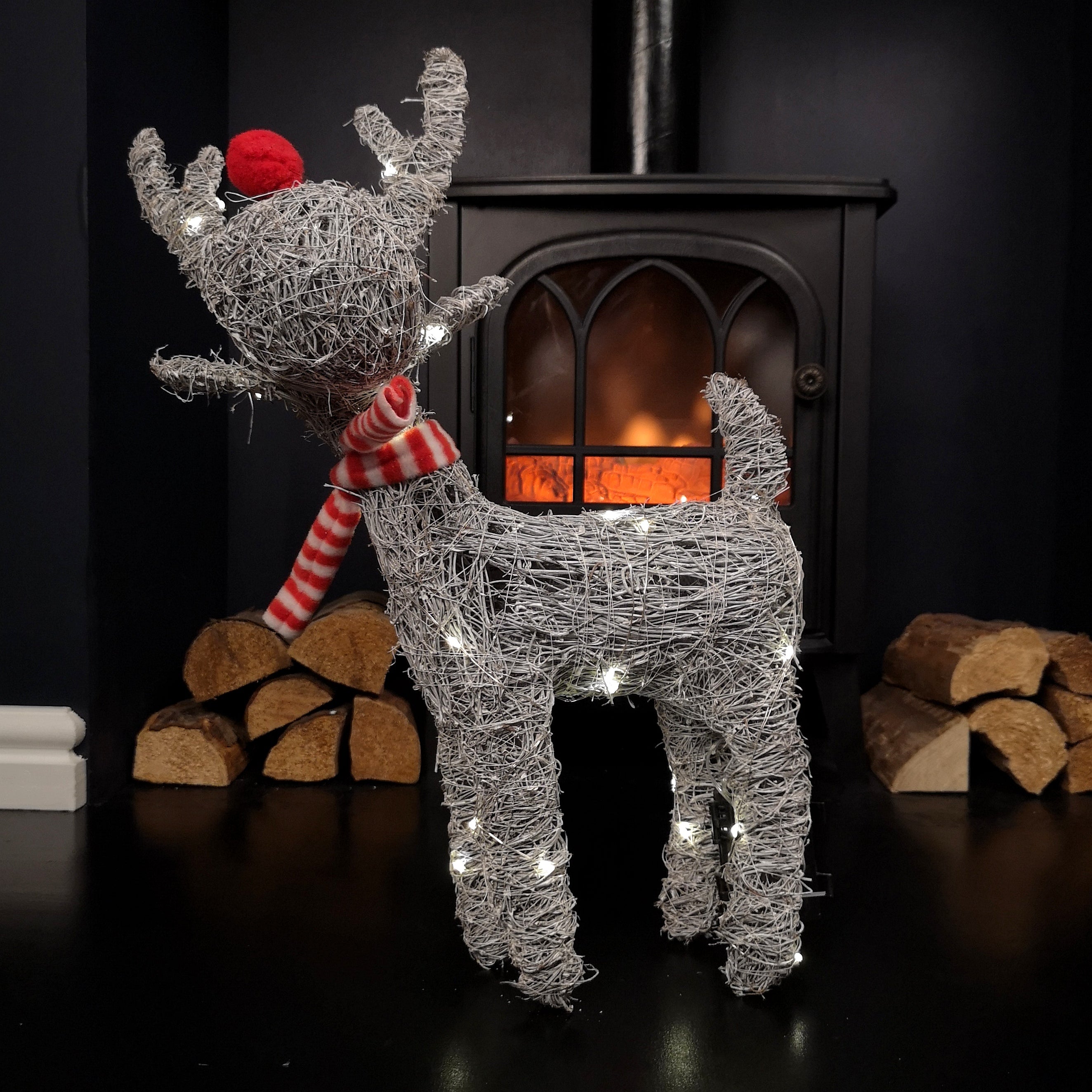 51cm Battery Operated Rattan Woven Blitzen Reindeer with Warm White LEDs