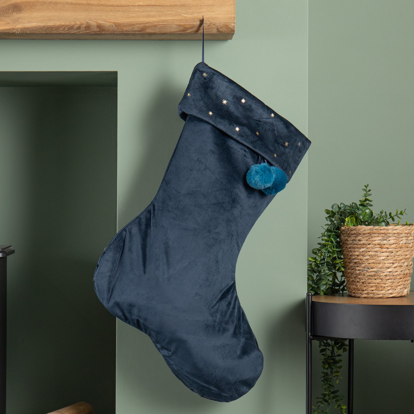 70cm Hanging Dark Blue Velour Star Print Christmas Stocking with Pom Poms