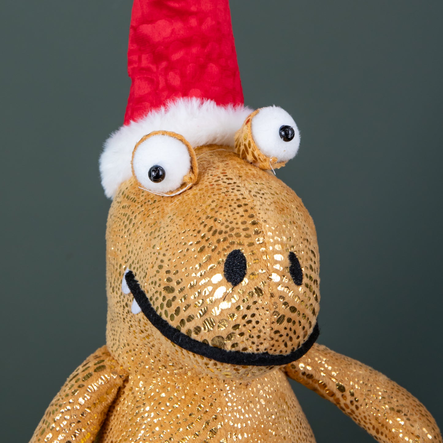 60cm Tall Gold Plush Zilla Dino Standing Christmas Decoration with Santa Hat