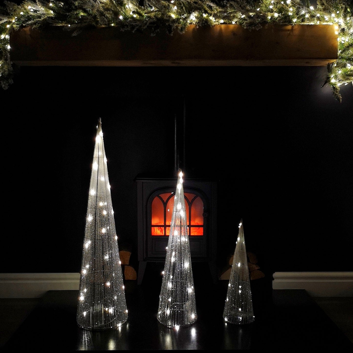 LED Tree Cone Obelisk Trio with 90 LEDs in Silver