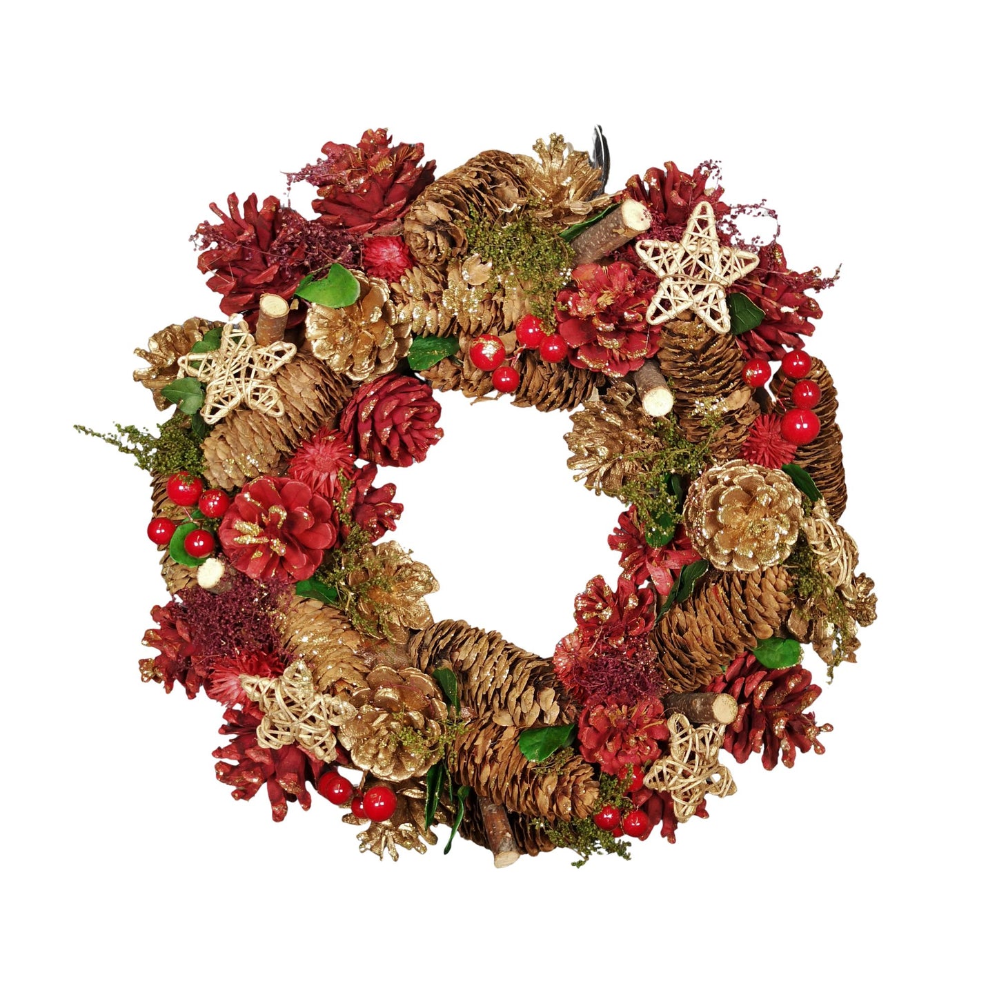 36cm Christmas Wreath in Gold & Red with Pine Cones and Berries