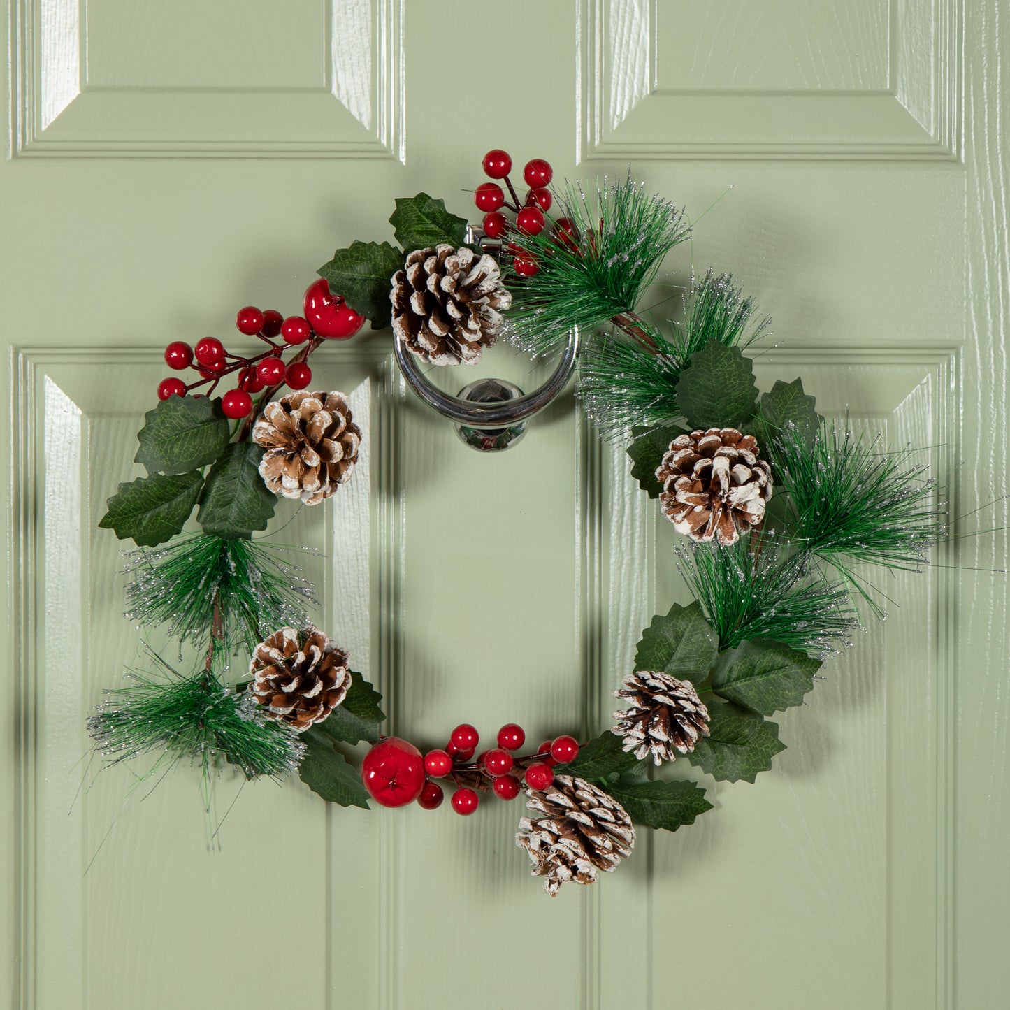 45cm Hanging Christmas Wreath with Red Berries and Frosted Pinecones