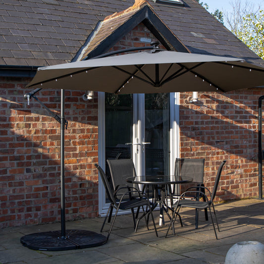 Outdoor 4 Person Round Glass Top Garden Dining Table Chairs With Grey Banana Lit Parasol and Base