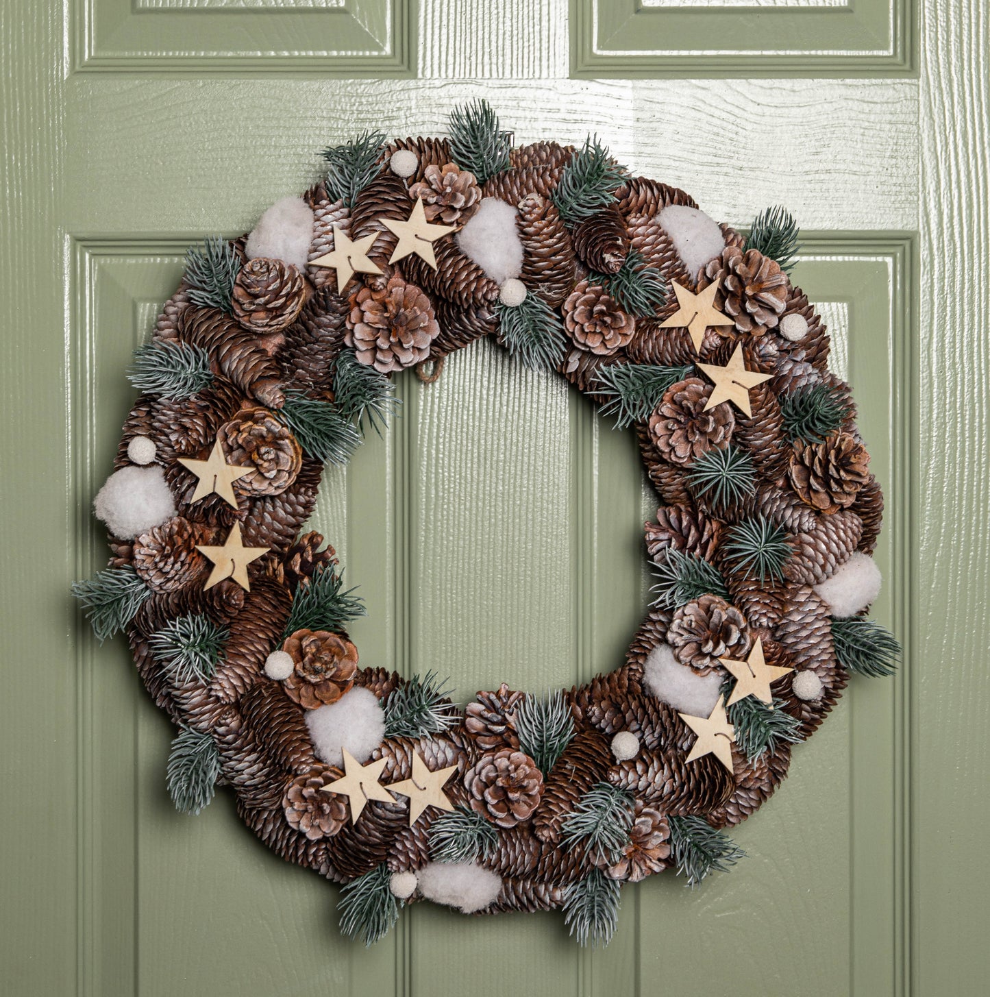 50cm Frosted Hanging Christmas Wreath with Pine Cones & Wooden Stars