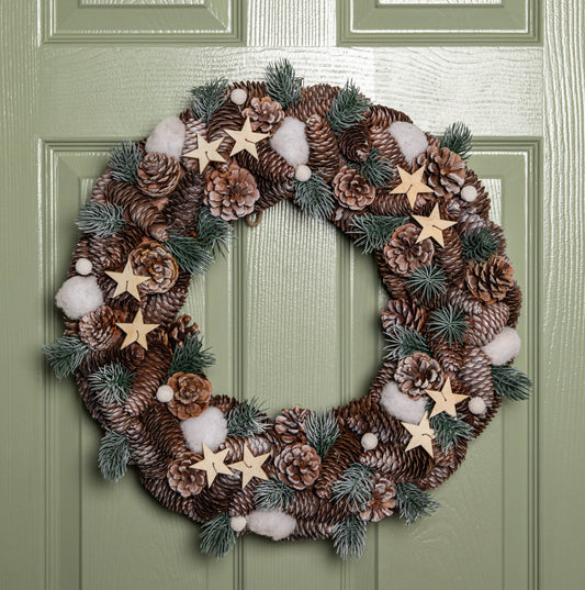 50cm Frosted Hanging Christmas Wreath with Pine Cones & Wooden Stars