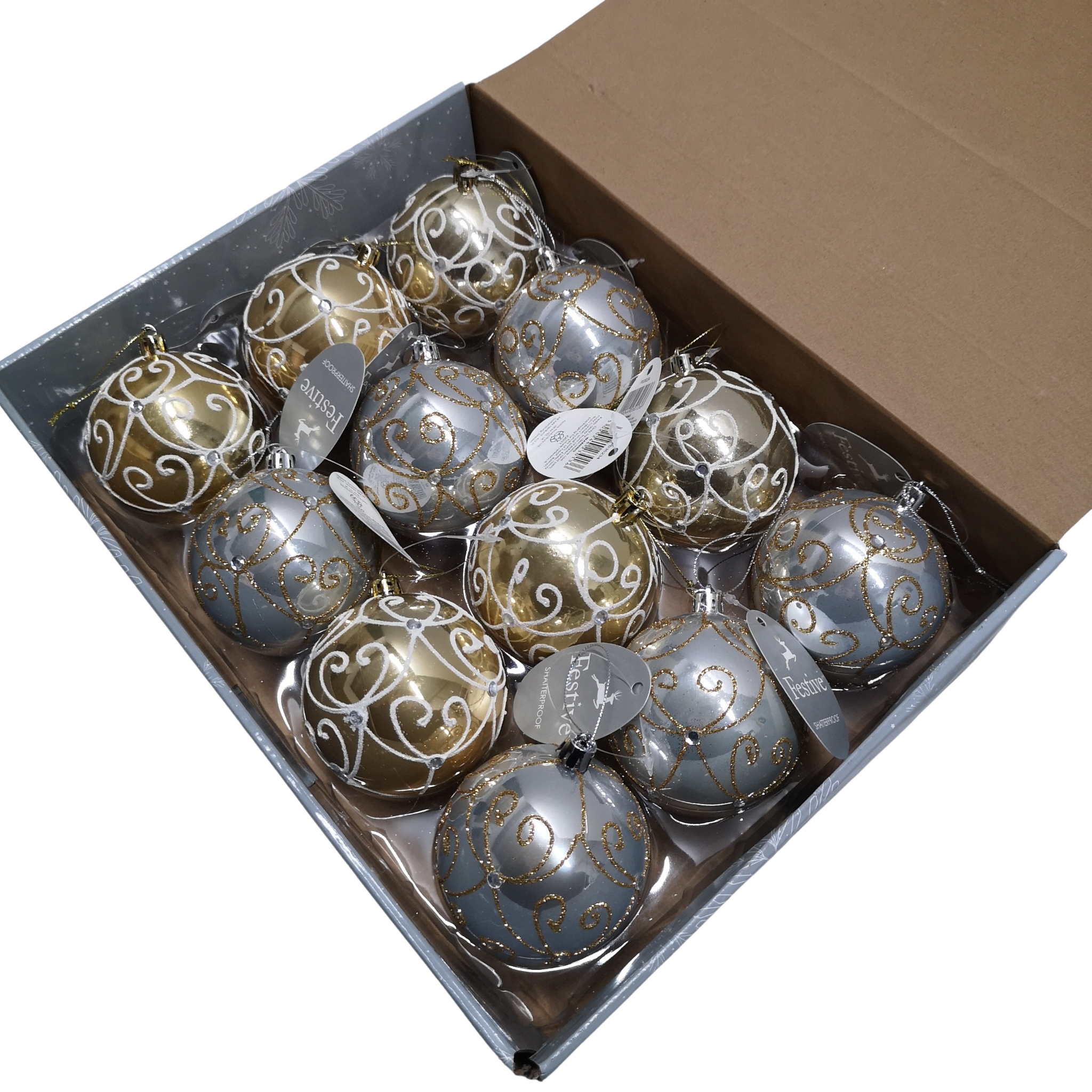 Box of 12 8cm Assorted Pearl Gold and Silver Shatterproof Christmas Bauble Decorations
