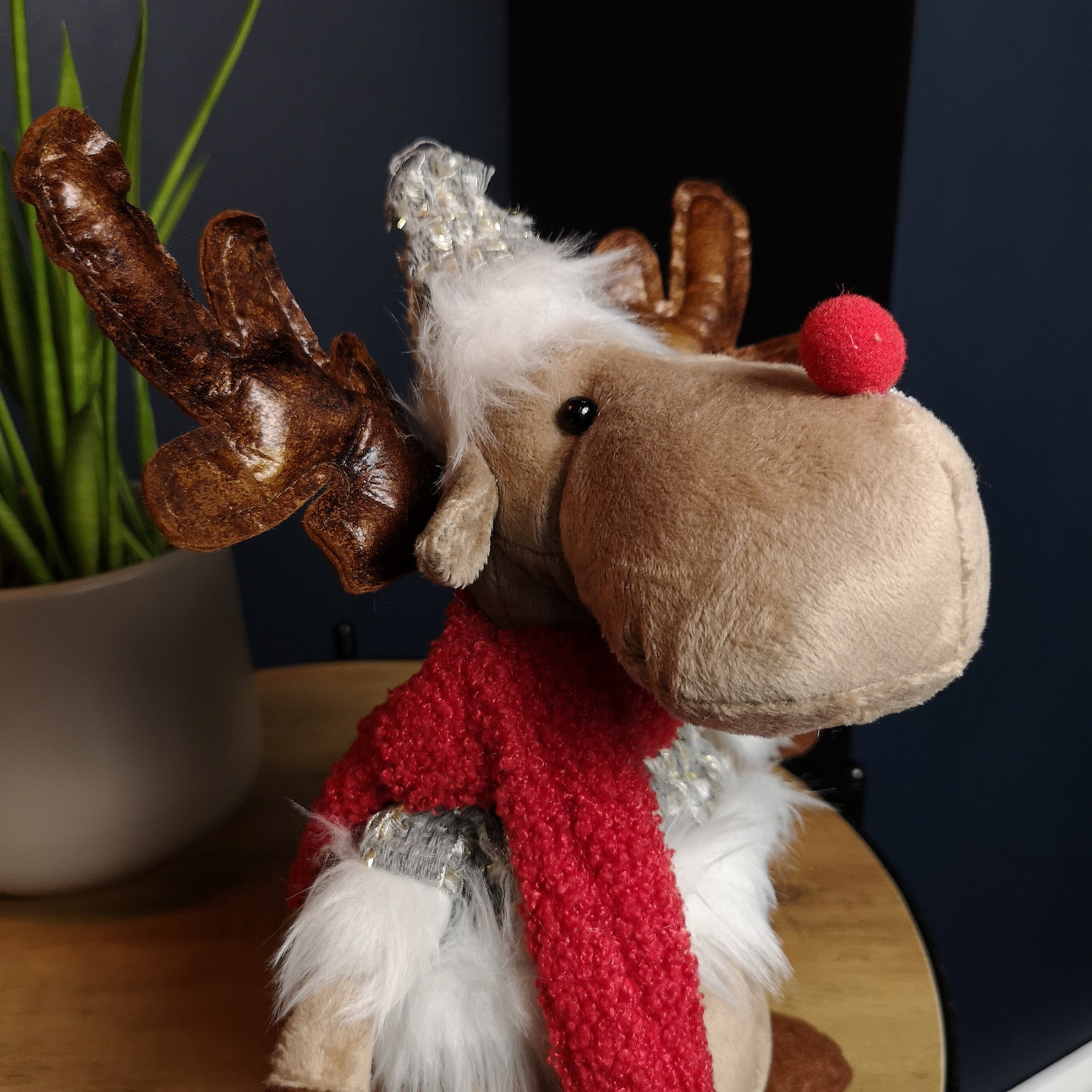 38cm Plush Reindeer Christmas Decoration with Hat and Scarf in Grey
