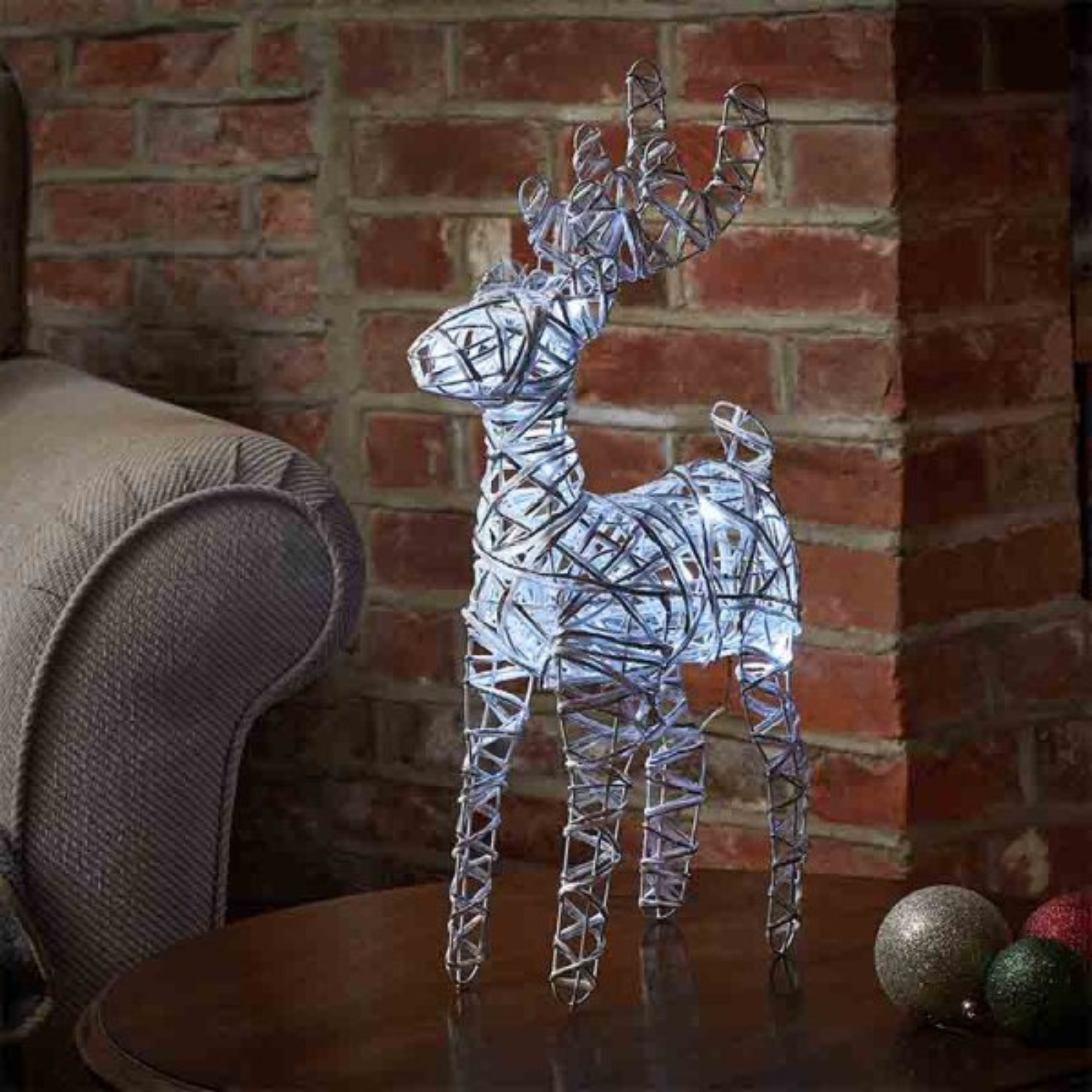 53cm Battery Operated White Rattan Woven Christmas Reindeer with White LEDs