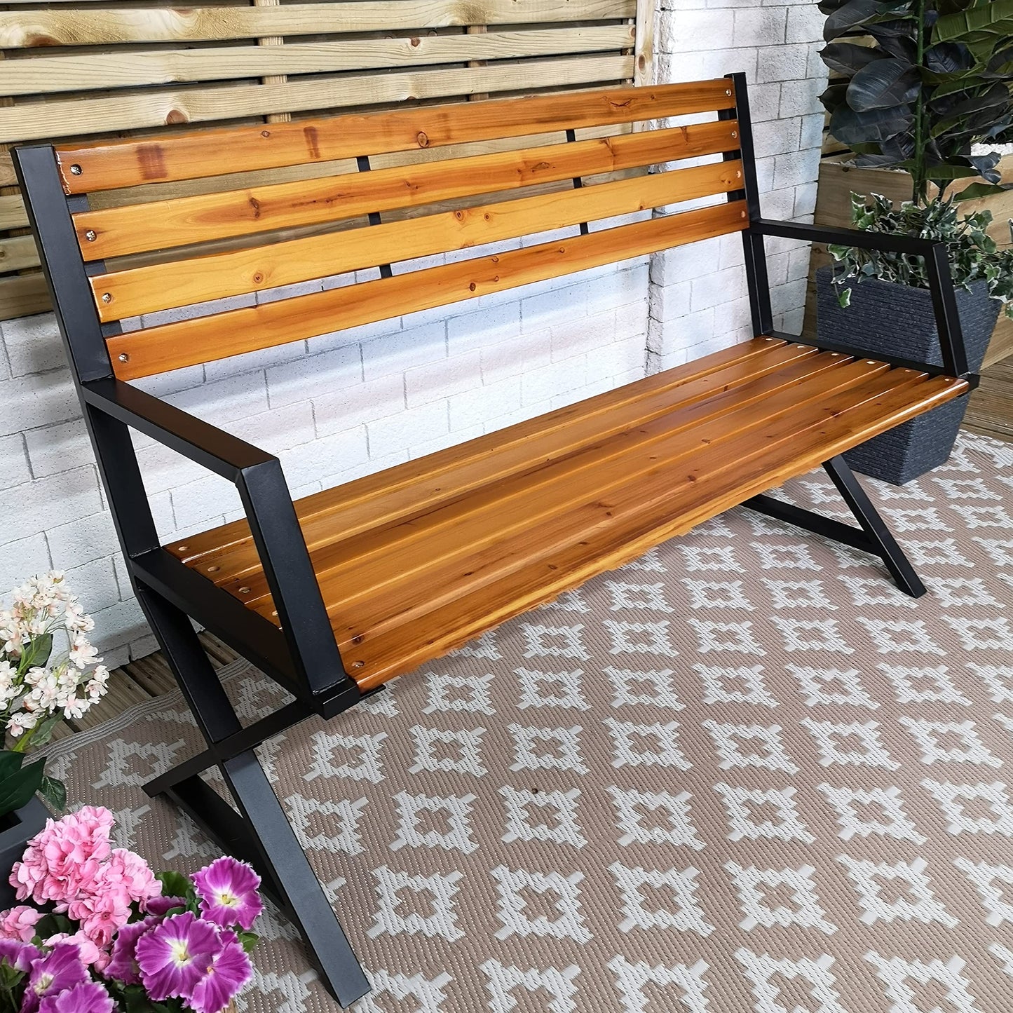 Factory Seconds: Kendal 2 Person Outdoor Modern Cross Design Metal Wooden Garden Patio Bench