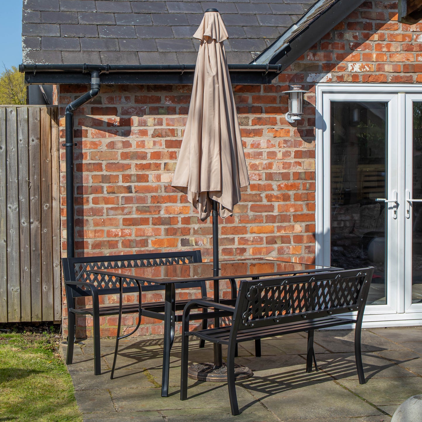 Outdoor 4 Person Rectangular Glass Top Garden Dining Table Benches With Beige Havana Parasol and Base Set