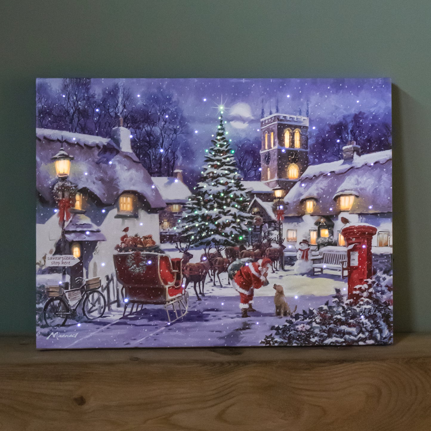 40 x 30cm Battery Operated Light up Fibre Optic Santa and Village Christmas Wall Canvas