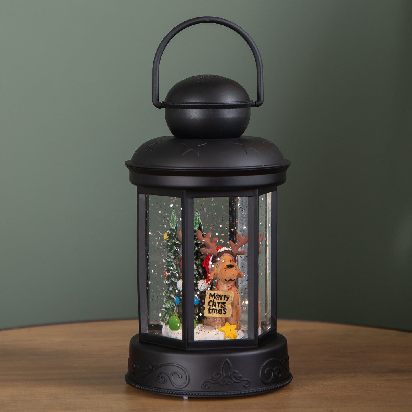 18cm Battery Operated LED Christmas Glitter Water Spinner Black Lantern Dog & Tree Scene