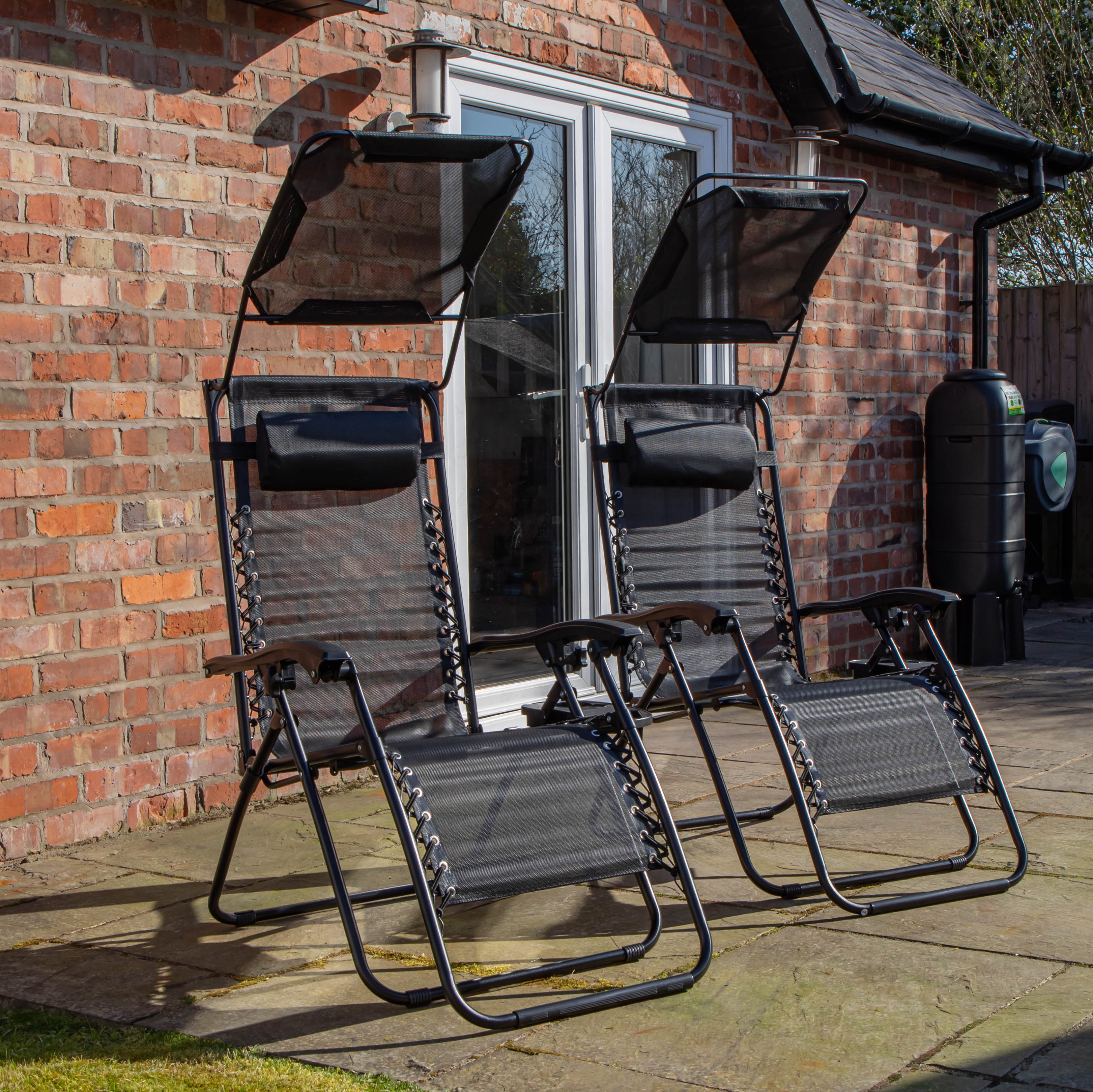 Set of 2 Multi Position Garden Gravity Relaxer Chair Sun Lounger with Sun Canopy in Black