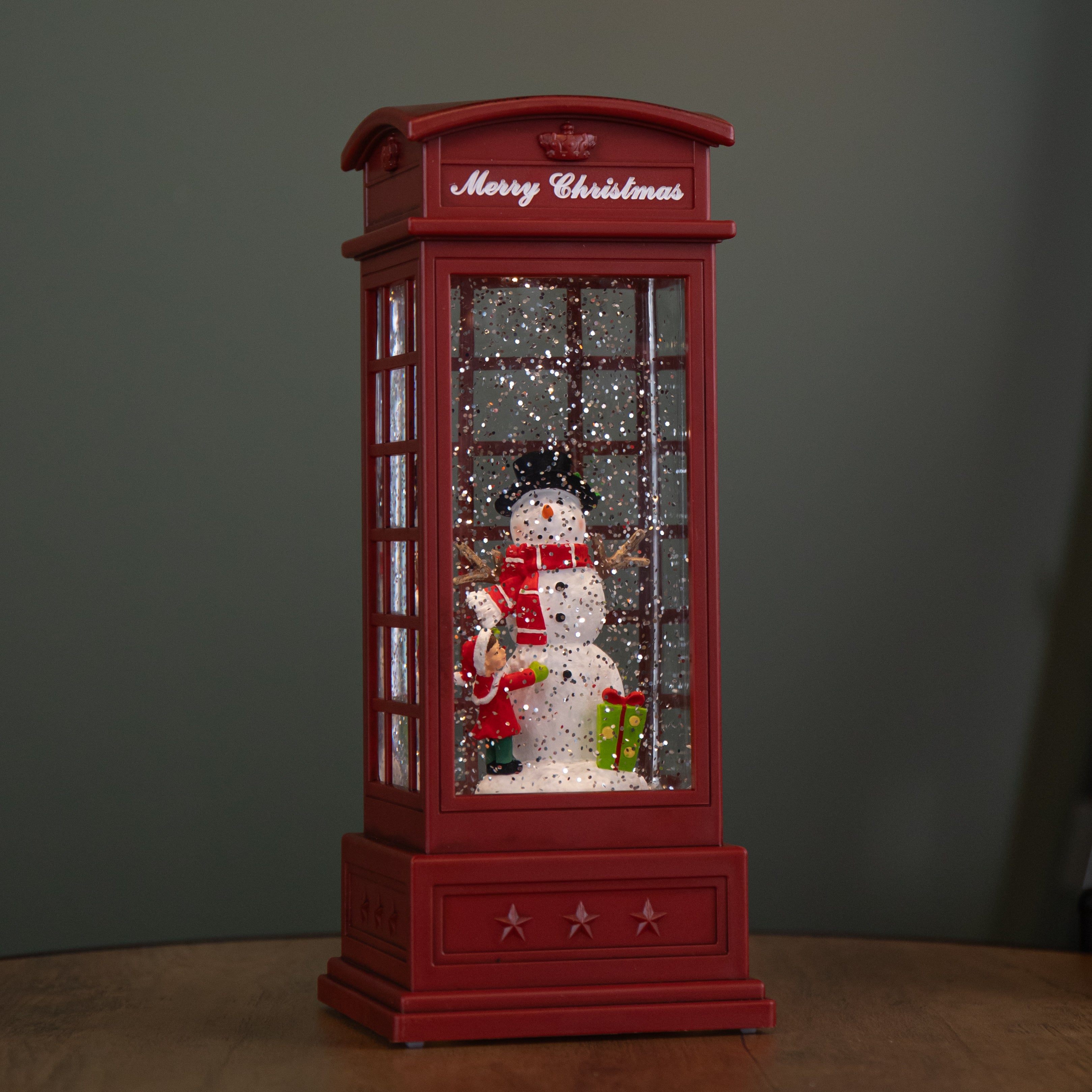 25cm Battery Operated Light up Christmas Phone Box Water Spinner with Snowman Scene & LEDs