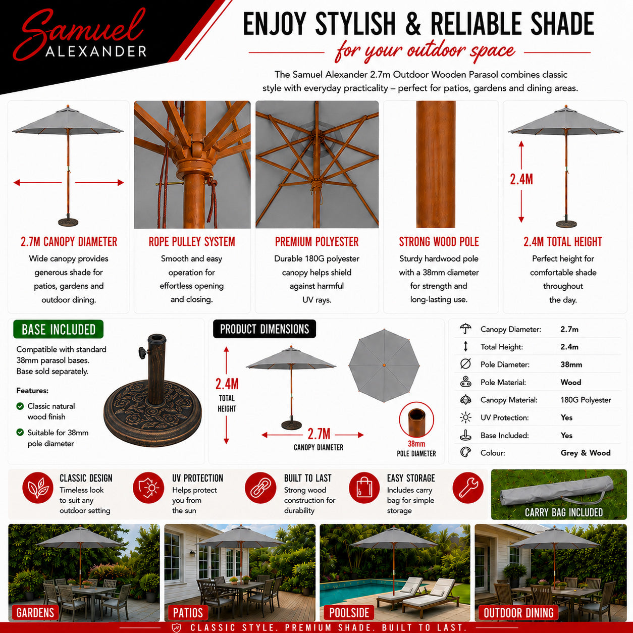 2.7m Outdoor Wooden Garden Parasol Sun Shade with Carry Bag in Grey with 9kg Base Included
