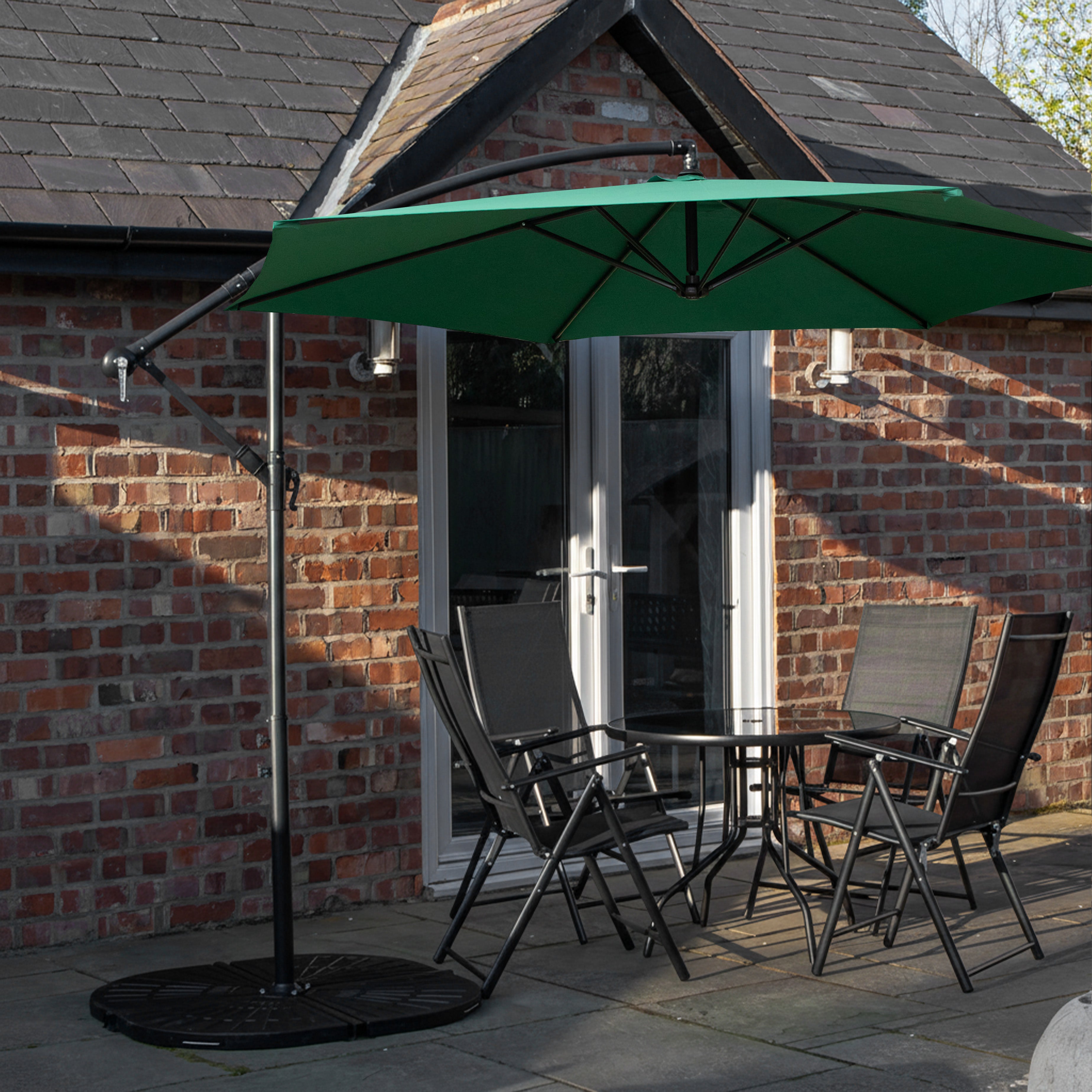 Outdoor 4 Person Round Glass Top Garden Dining Table Chairs With Green Banana Parasol and Base Set