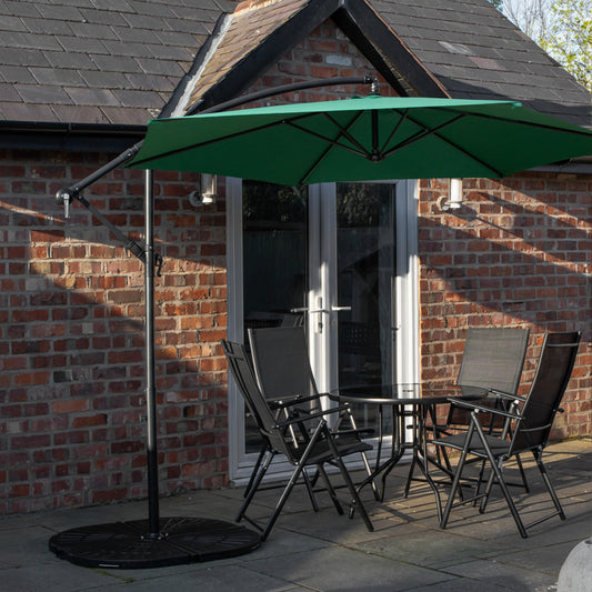 Outdoor 4 Person Round Glass Top Garden Dining Table Chairs With Green Banana Parasol and Base Set