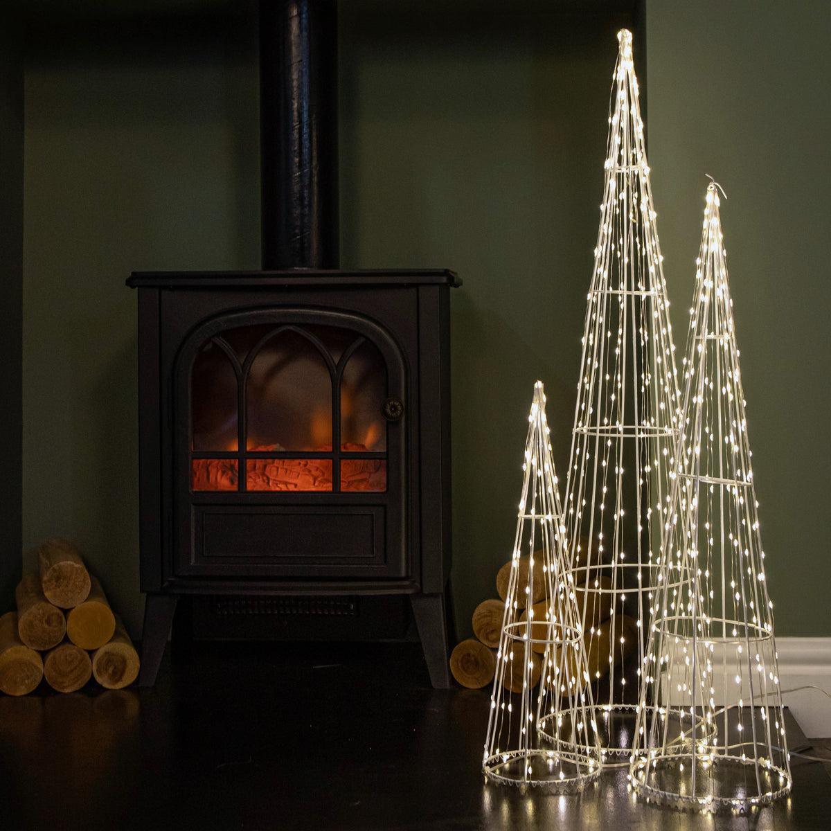 Set of 3 Light up White Metal Dewdrop Christmas Cone Trees with Warm White LEDs