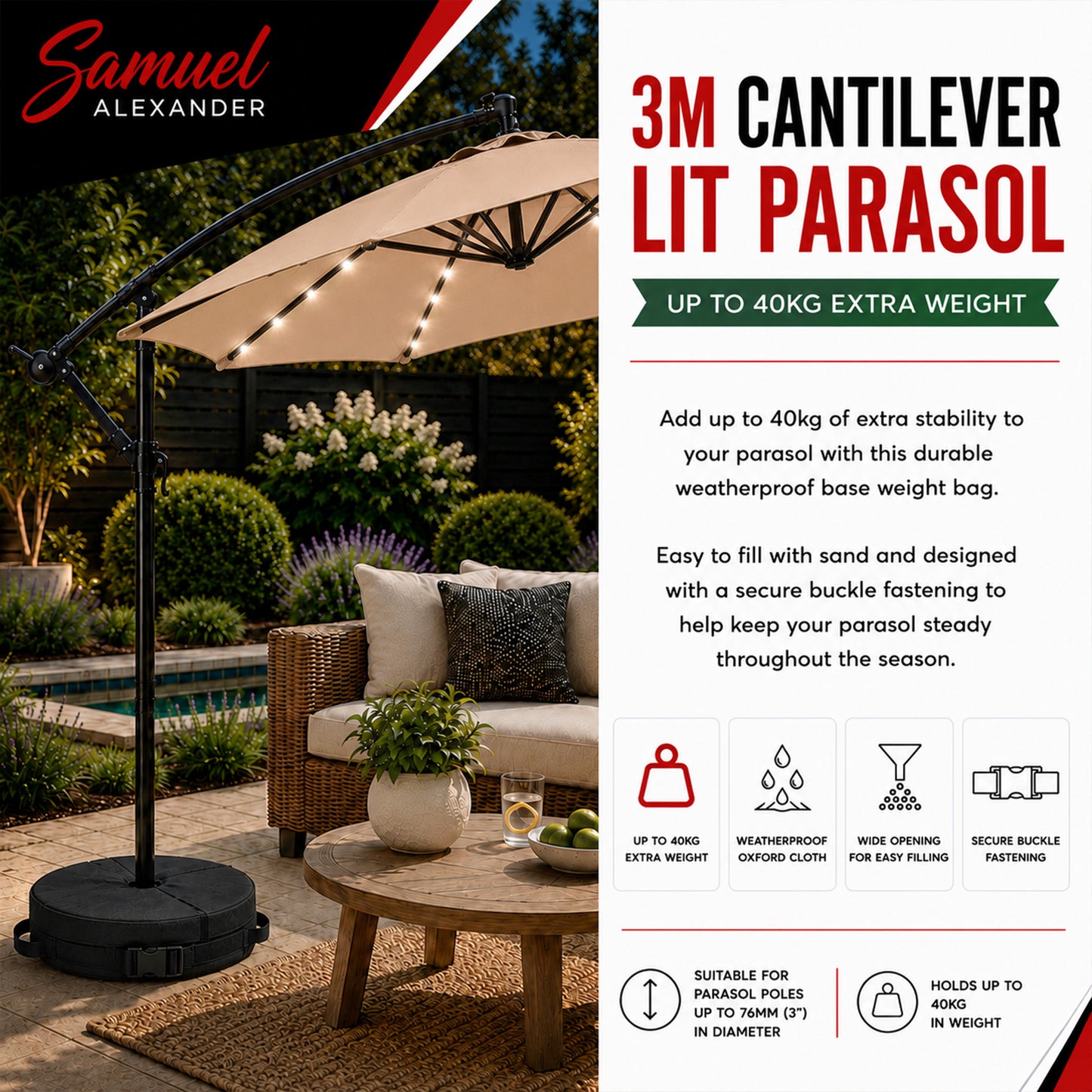 3m Solar Powered Cantilever Lit Banana Garden Parasol with Crank Handle & White LED Lights in Beige with Base Bag Included