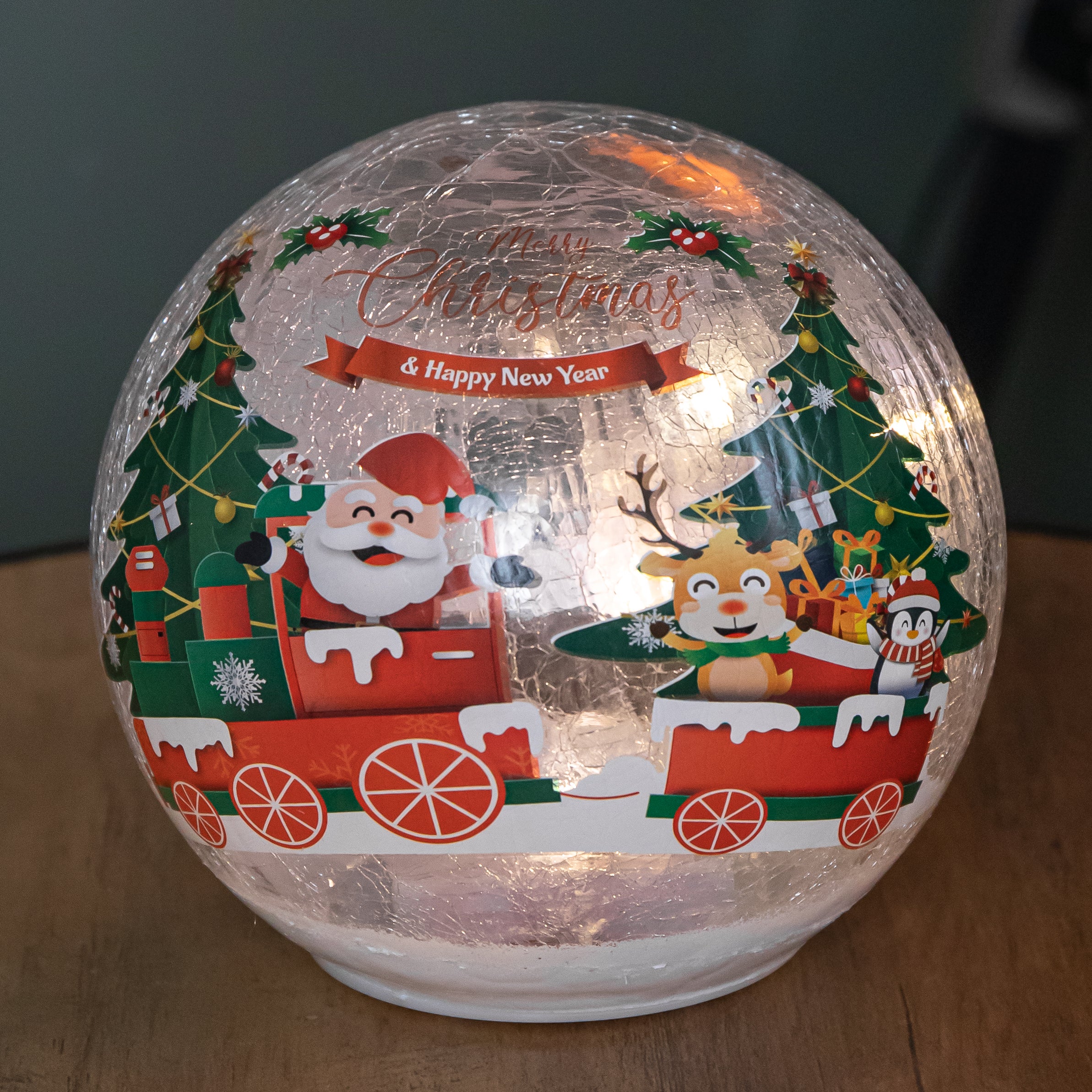 15cm Battery Operated Light up Santa and Friends Christmas Crackle Ball with LEDs